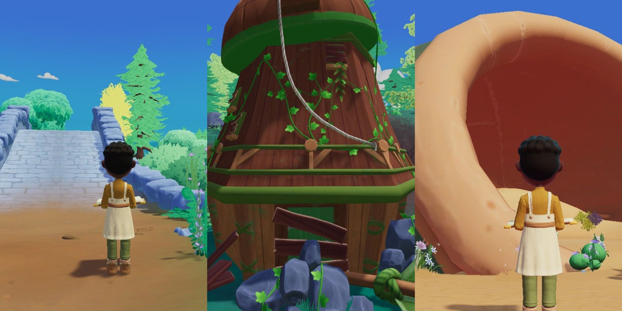 Split image featuring a player character with their journal out in front of Pebble Bridge, the unrestored Dapplewood Windmill, and a player character with their journal out in front of the Colossal Pot in Paleo Pines.