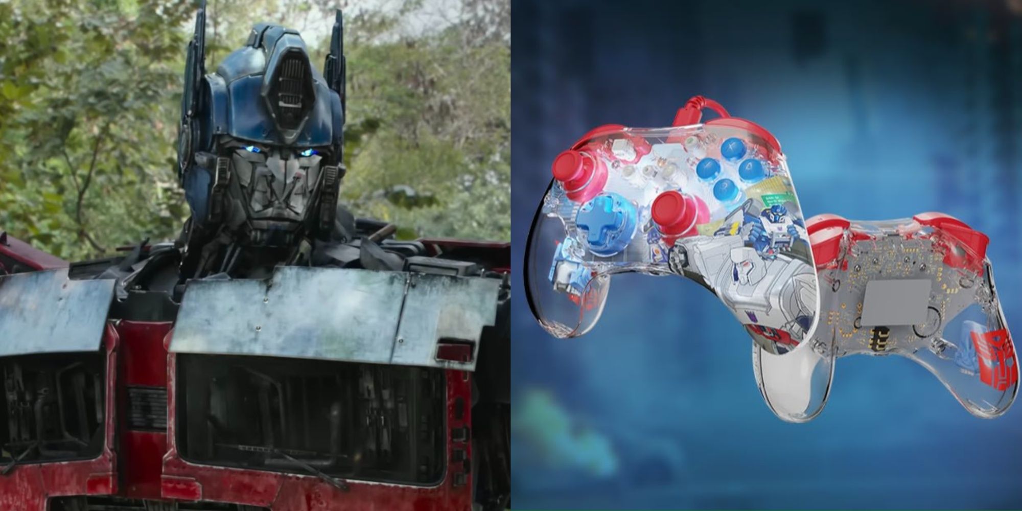 optimus prime looking at a switch controller with his face inside