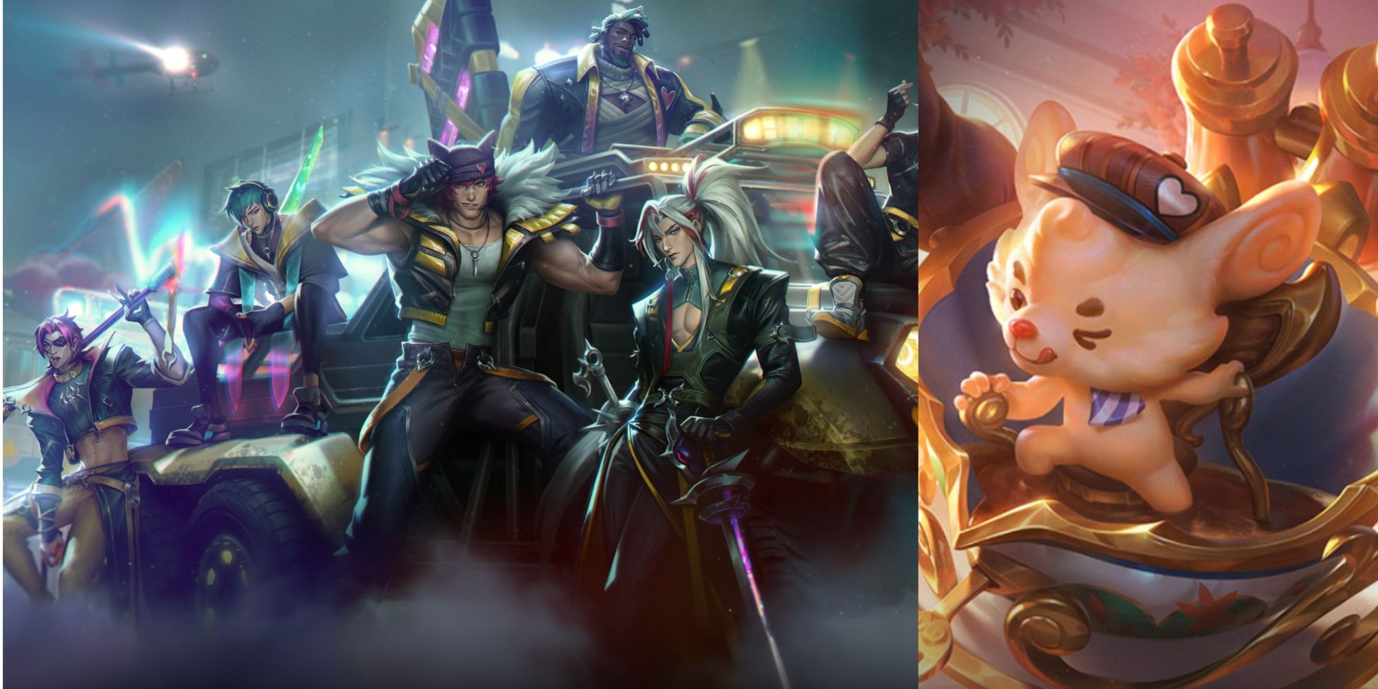 A collage of the boy band Heartsteel and the Cafe Cuties Rumble skin in League Of Legends.