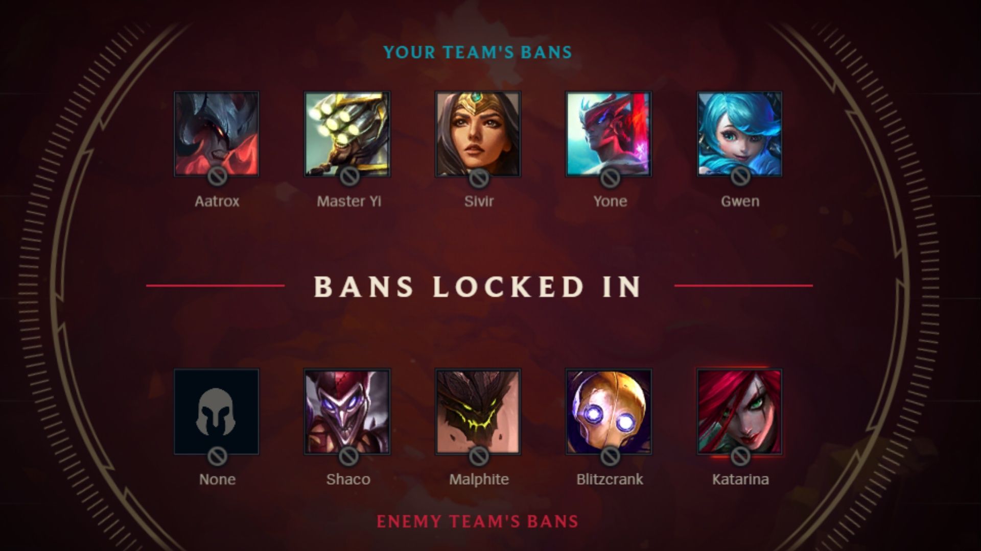 Nine champions banned during Champion Select in League Of Legends.