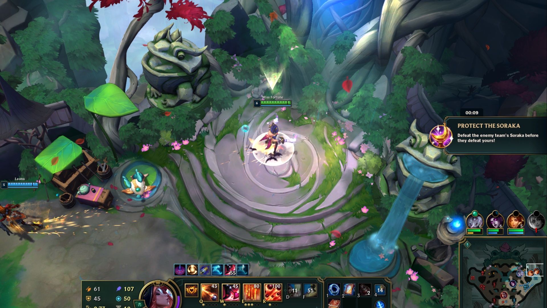 Miss Fortune standing in the fountain on the Nexus Blitz map in League of Legends.