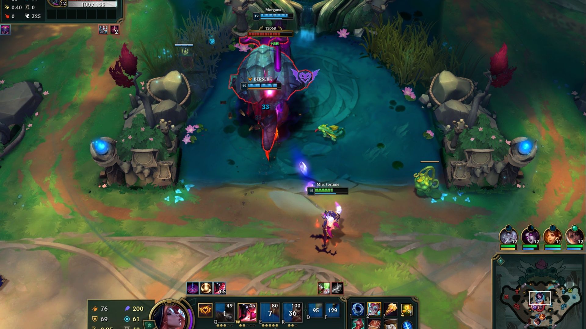 Miss Fortune, Briar, and Morgana attacking the Rift Herald during Nexus Blitz in League Of Legends.