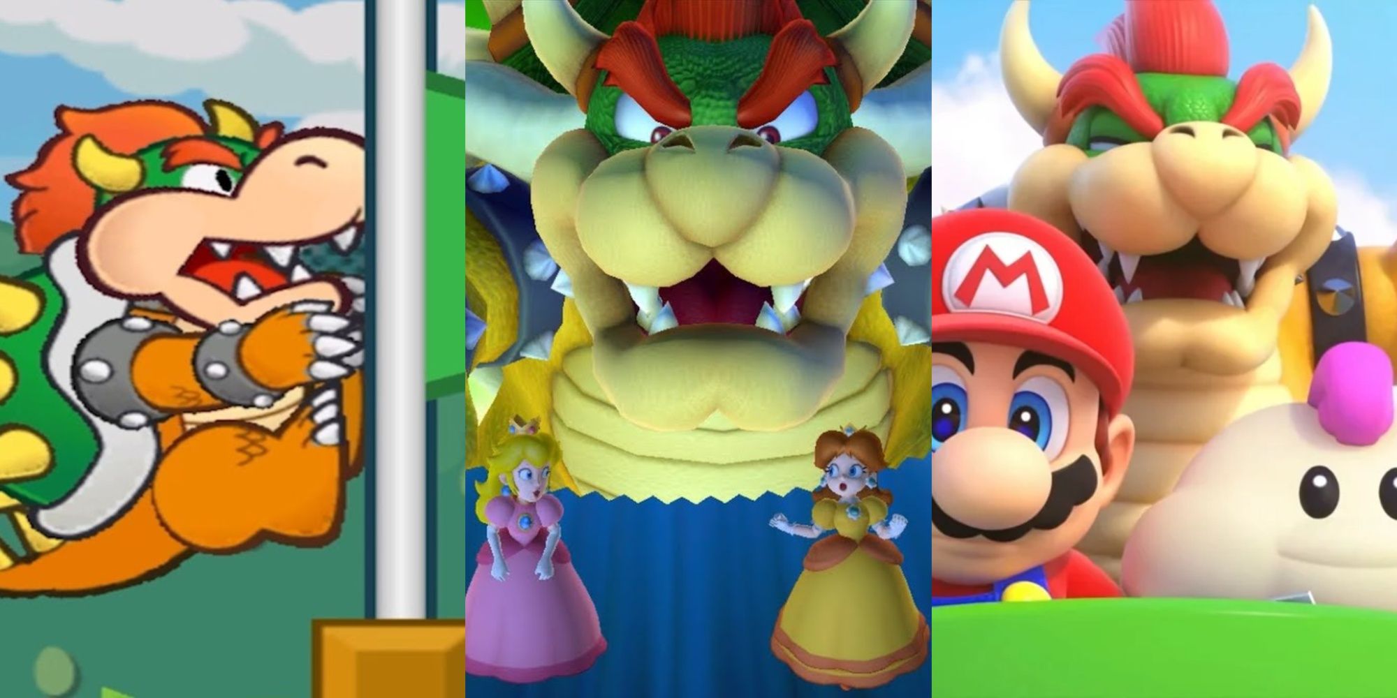 Bowser on a flagpole in Paper Mario, Bowser from Mario Party 10, Bowser in Super Mario RPG
