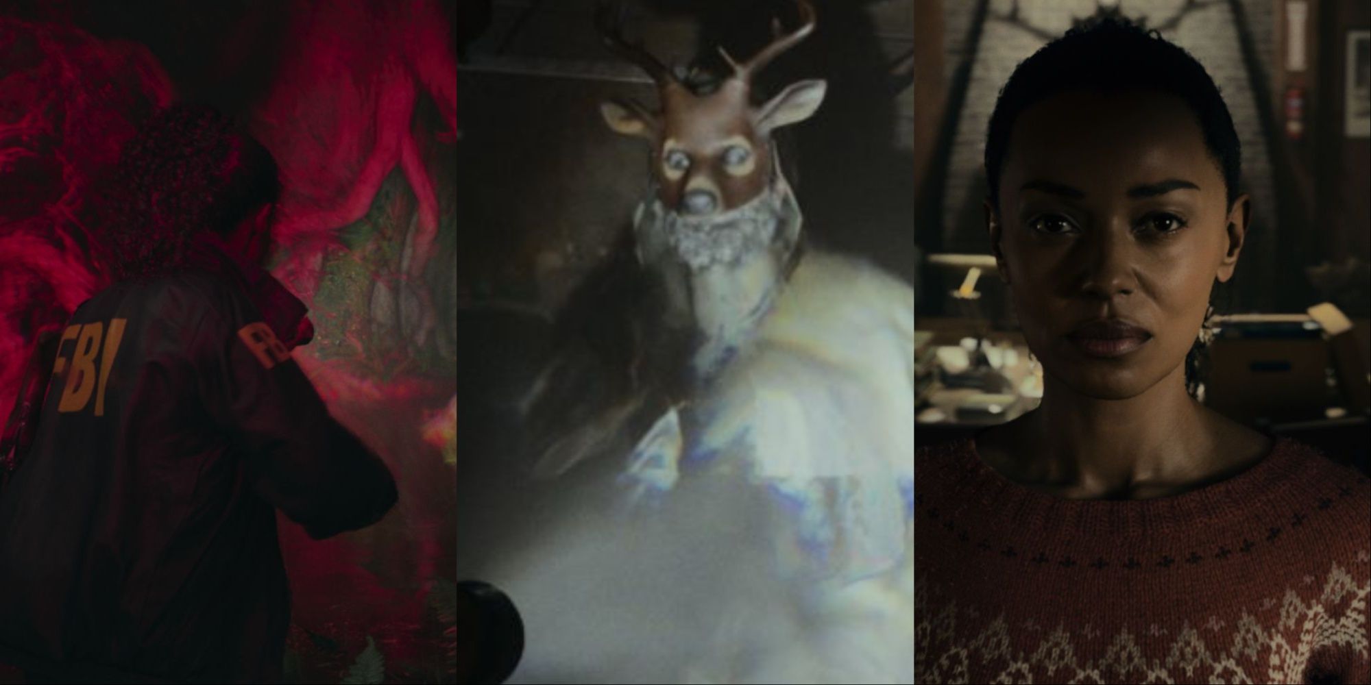 Drei-Bilder-Collage von Saga, wie sie durch einen rot erleuchteten Bereich des Waldes geht, von Saga, wie sie einen Hirschkultisten mit einer Taschenlampe anstrahlt, und von einer Nahaufnahme von Saga im Mind Place.