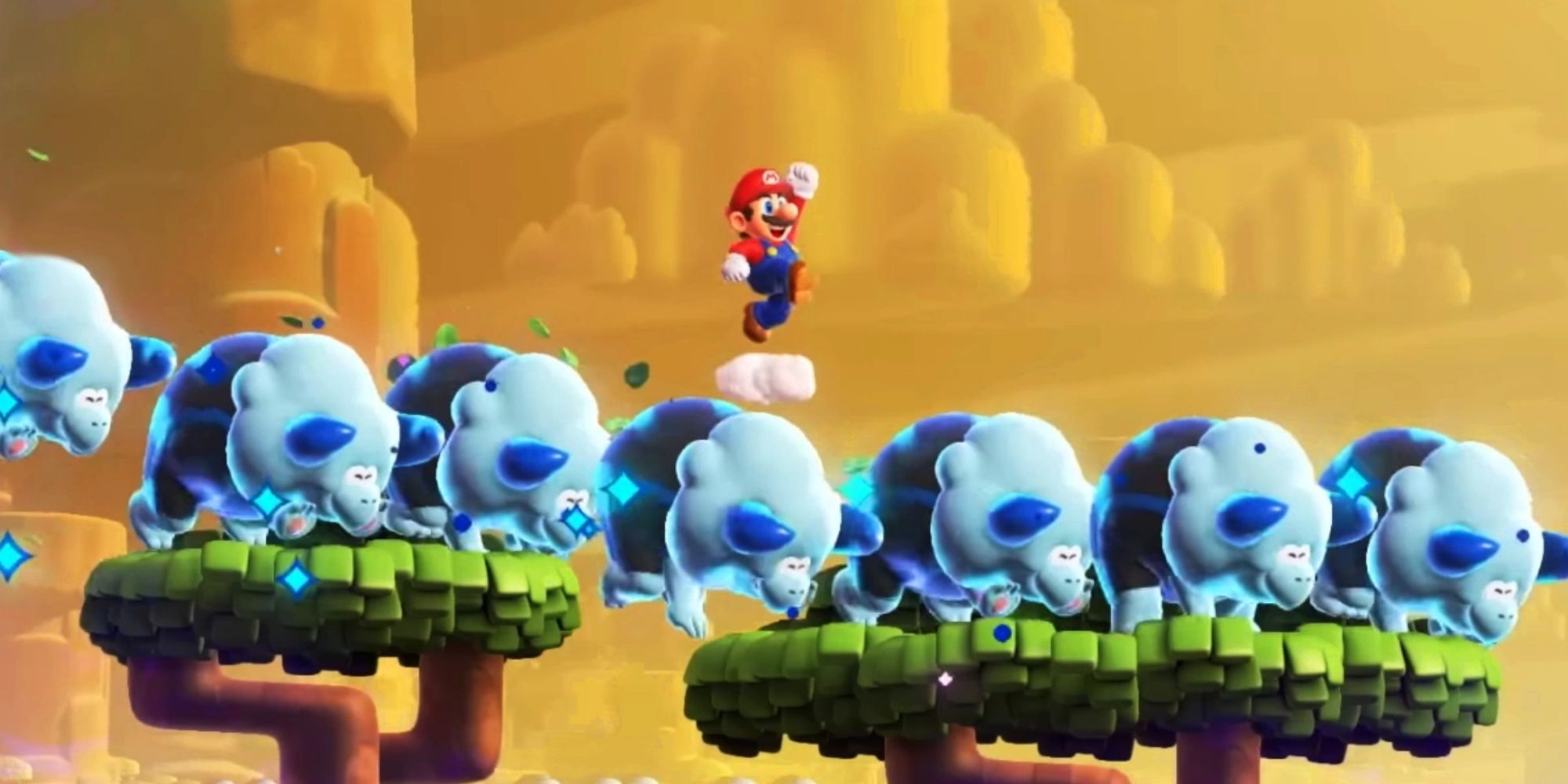 Mario Jumping Off A Herd Of Charging Rhinos