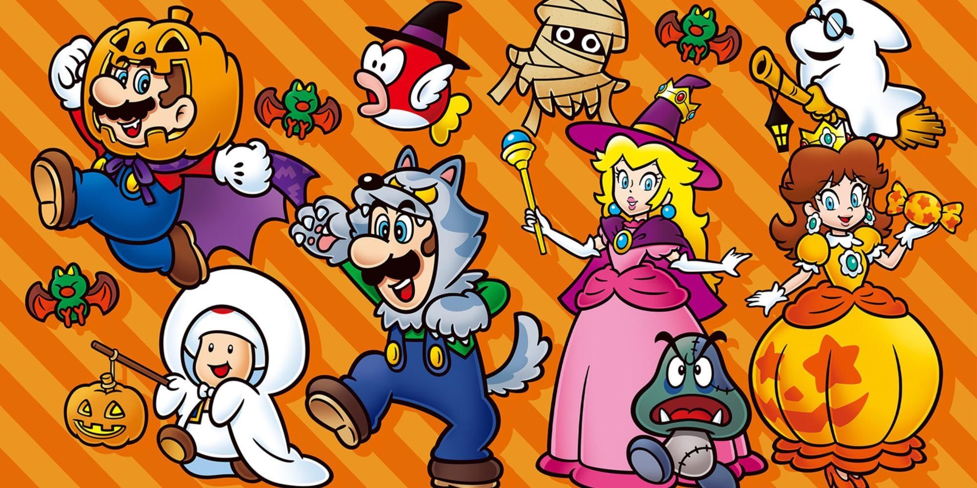 Several Mario Characters Dressed For Halloween With Bats Nearby