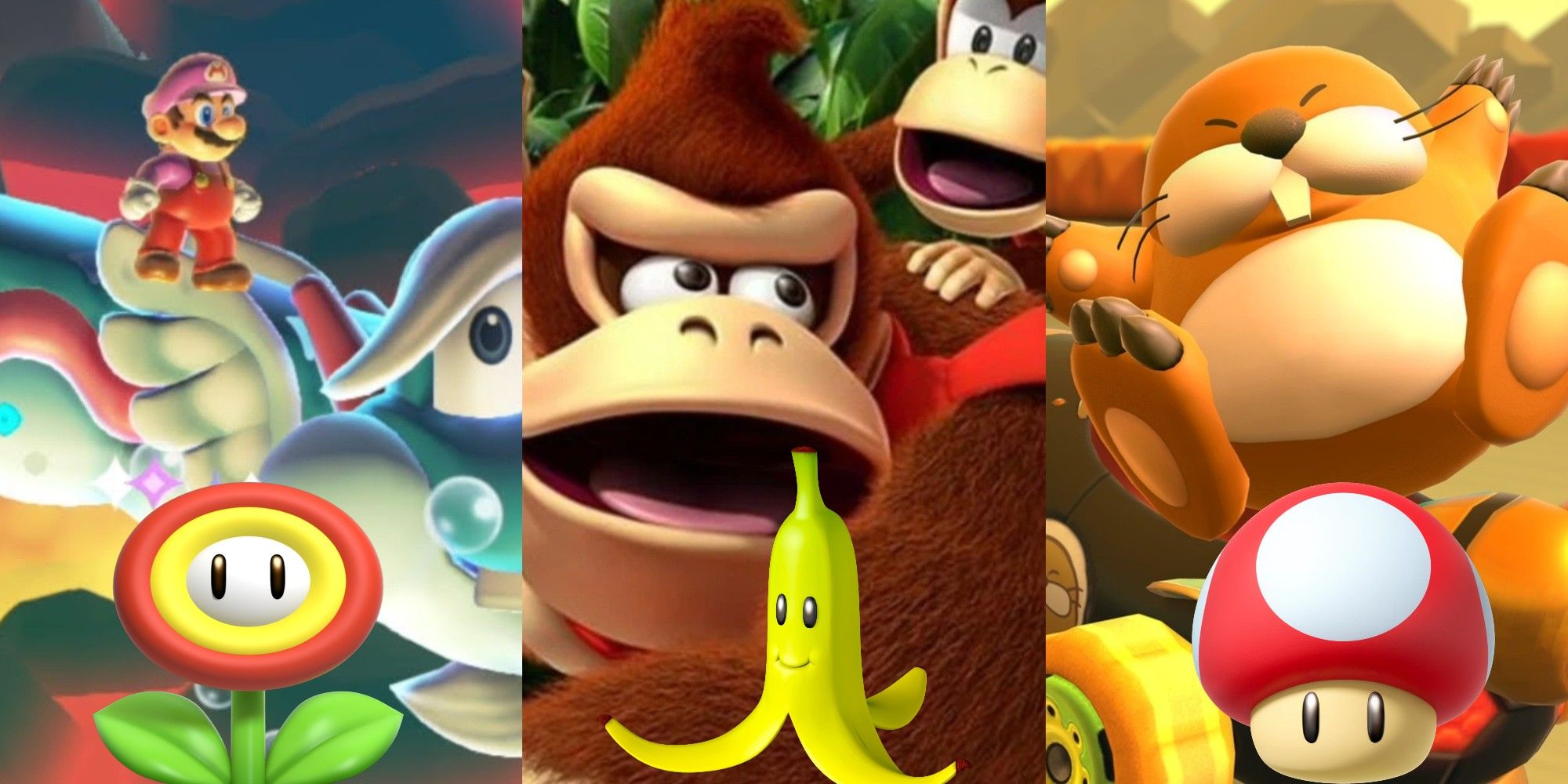 Collage image of Mario, Donkey Kong, and a beaver.