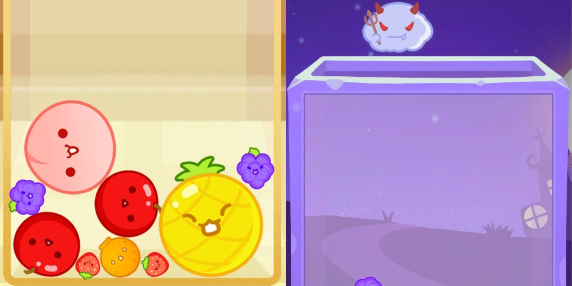 A collage of multiple fruits dropped into a square with the Halloween themed game nearby in Suika Game.