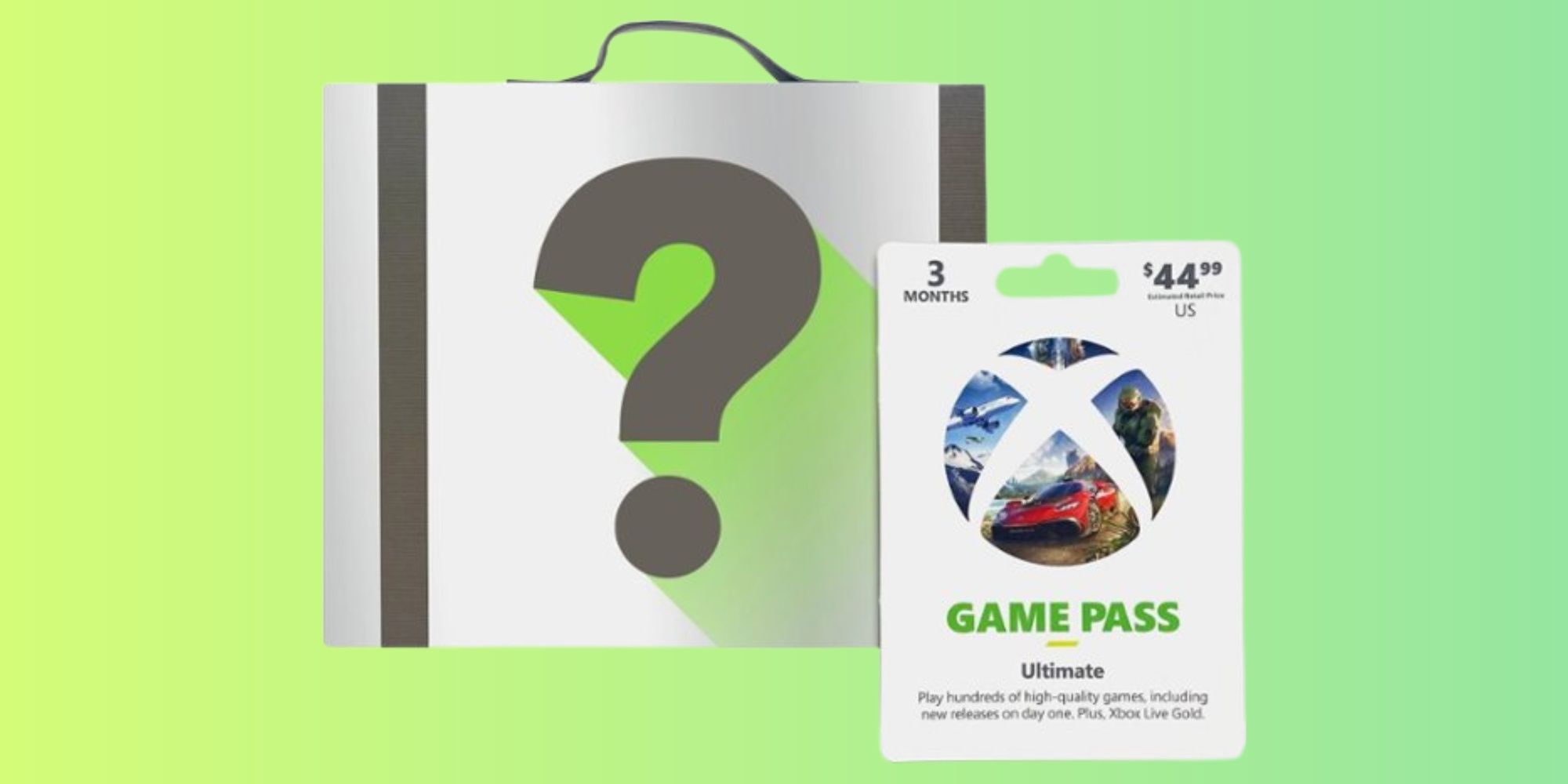 A bag with a question mark and a three-month pass of Xbox Game Pass Ultimate