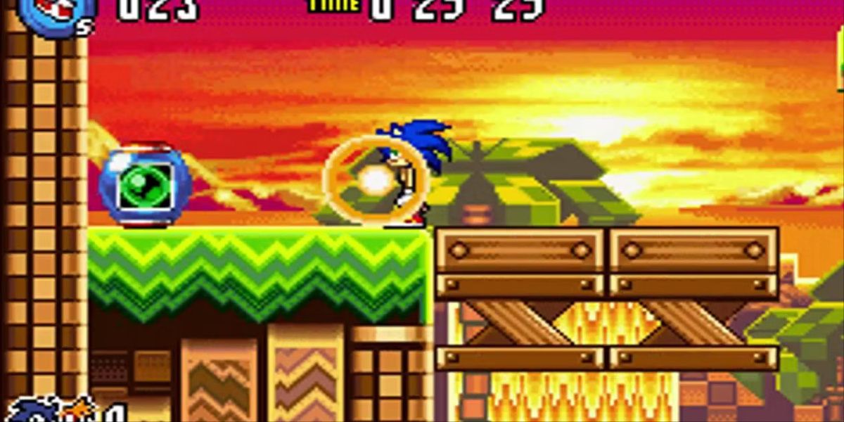 Sonic standing in a yellow orb, in front of a green orb.