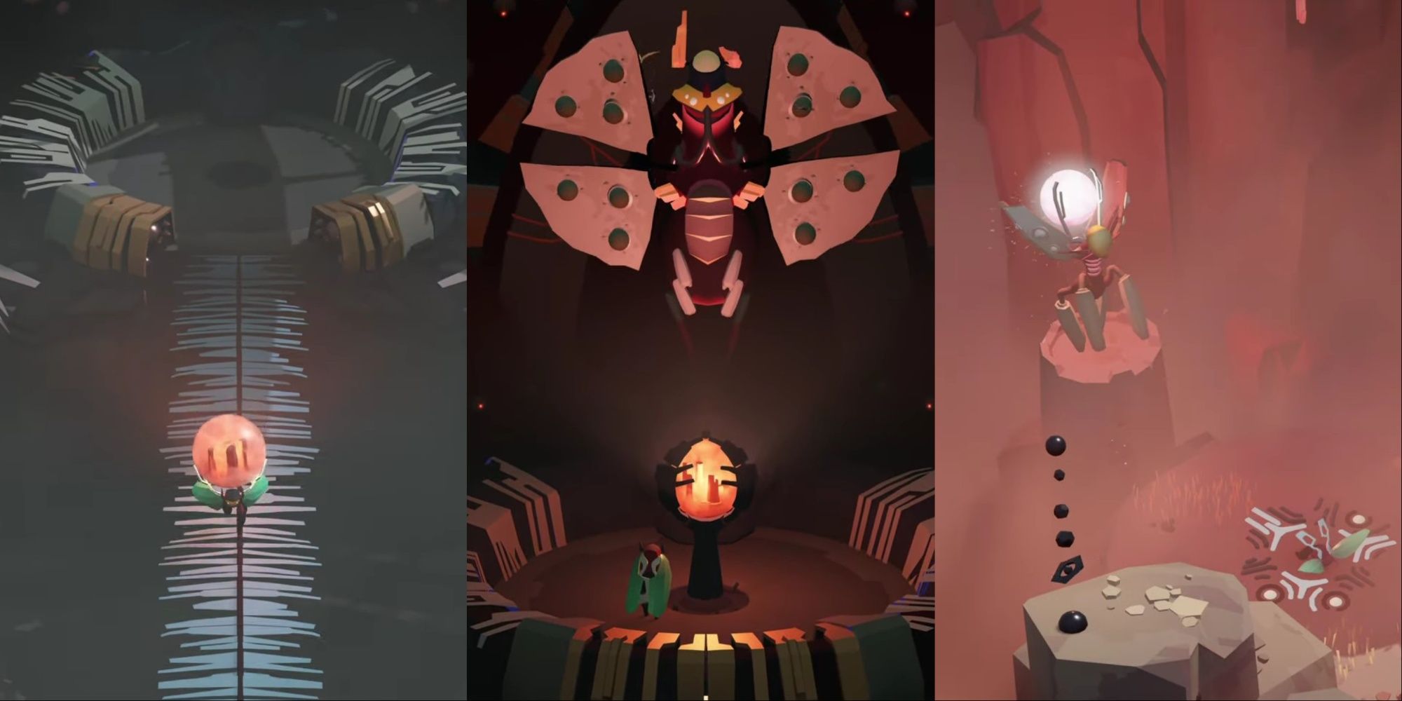 Collage of Cocoon  featuring the main character carrying an orb (left), looking up at a moth enemy (center), and interacting with a Moon Ancestor (right)