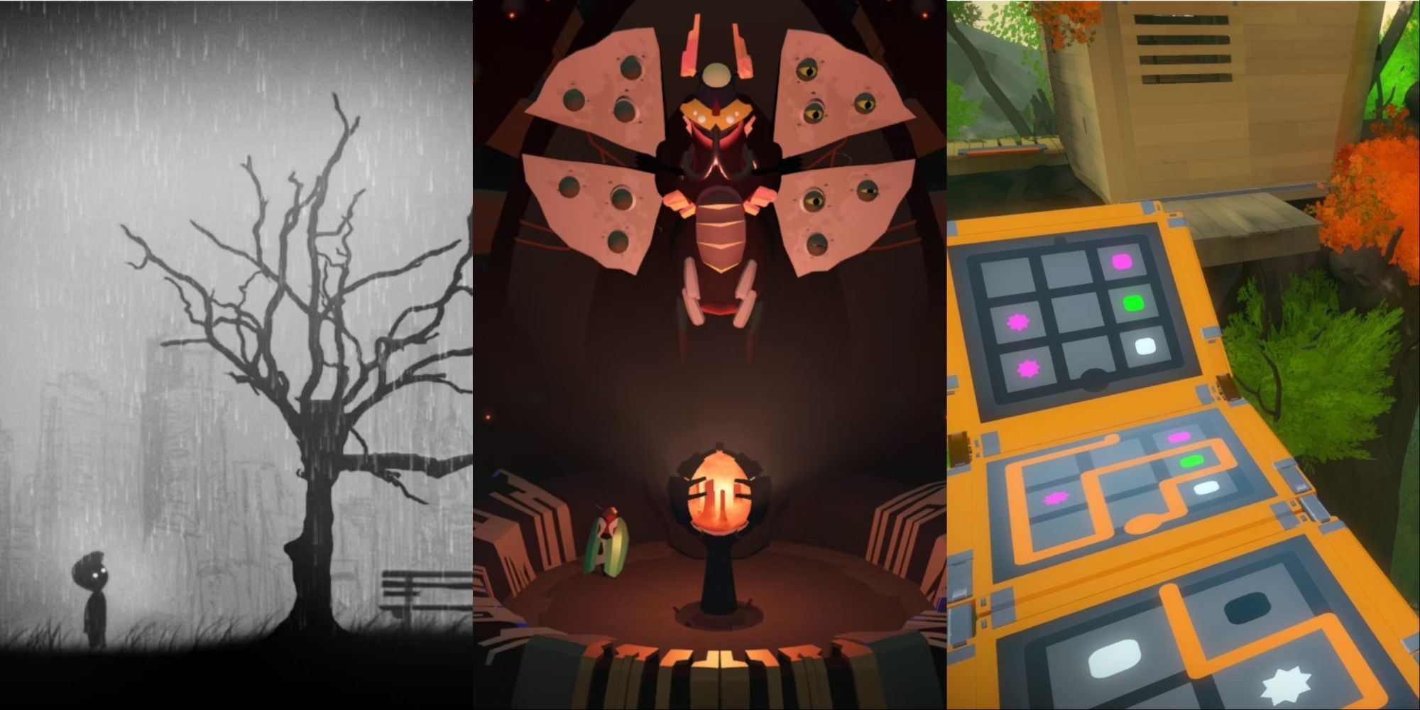 Collage of screenshots from Limbo (left), Cocoon (center), and The Witness (right)