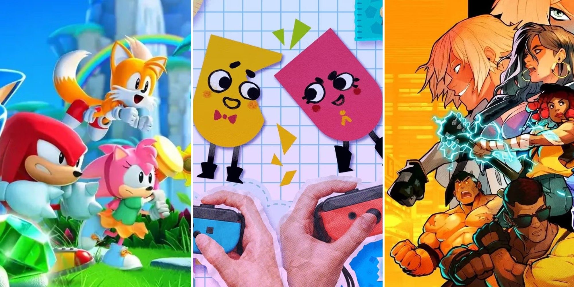 Collage showing cover art for Sonic Superstars, Snipperclips and Streets of Rage 4