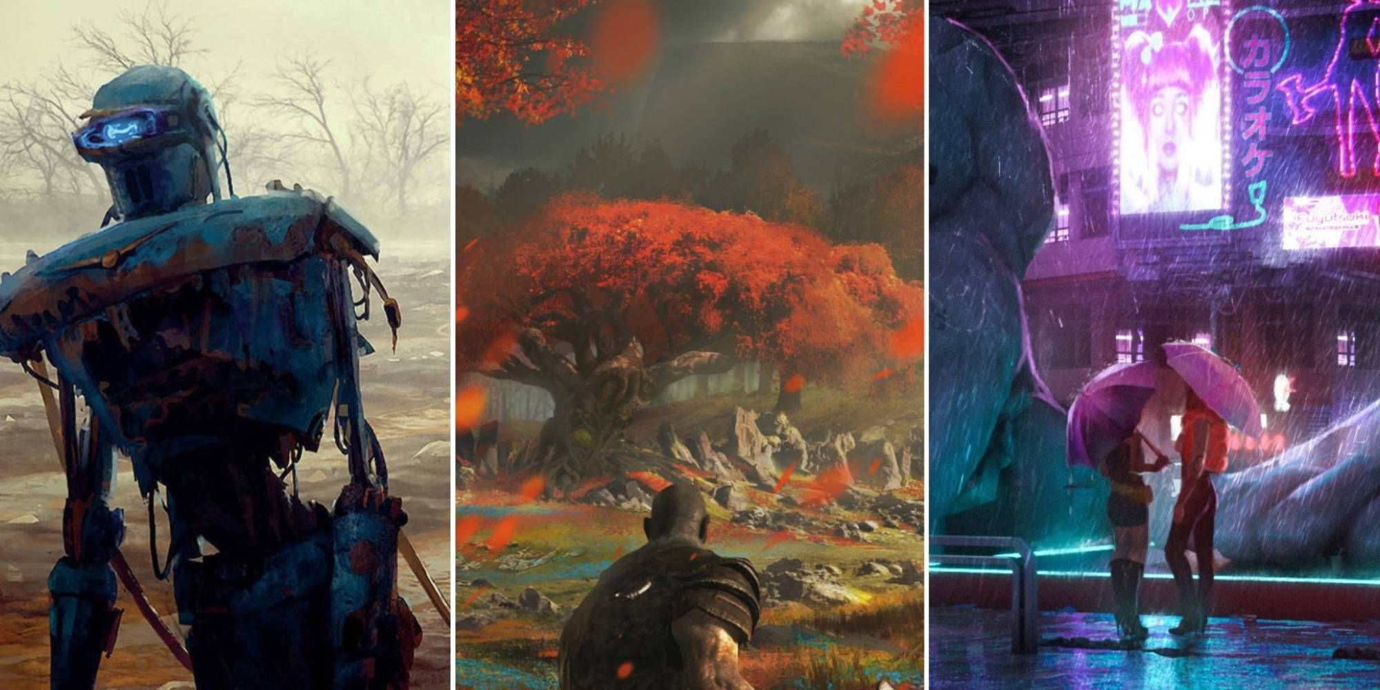 A collage of images featuring Fallout 4, God of War and Cyberpunk 2077 concept art