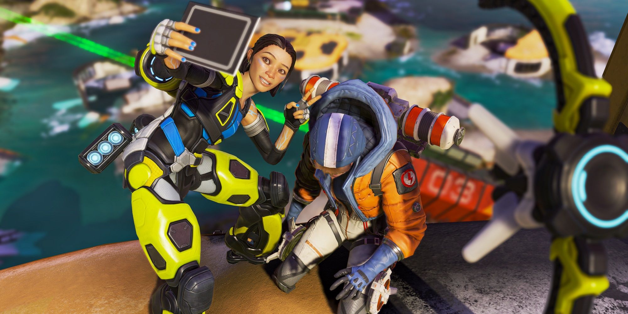 conduit taking a seflie with a downed wattson on top of a building in apex legends