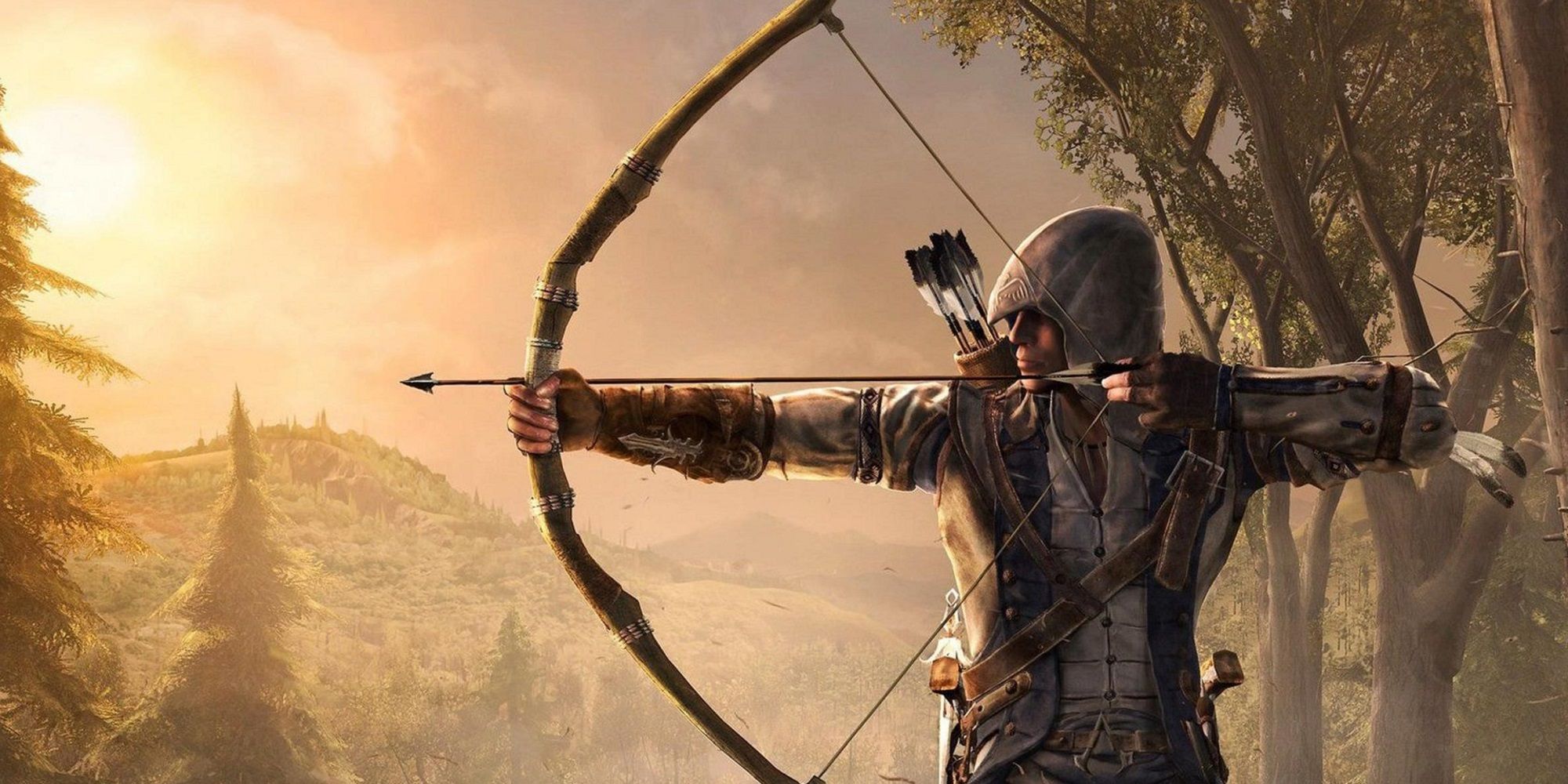 connor drawing a bow in a forest in assassins creed 3