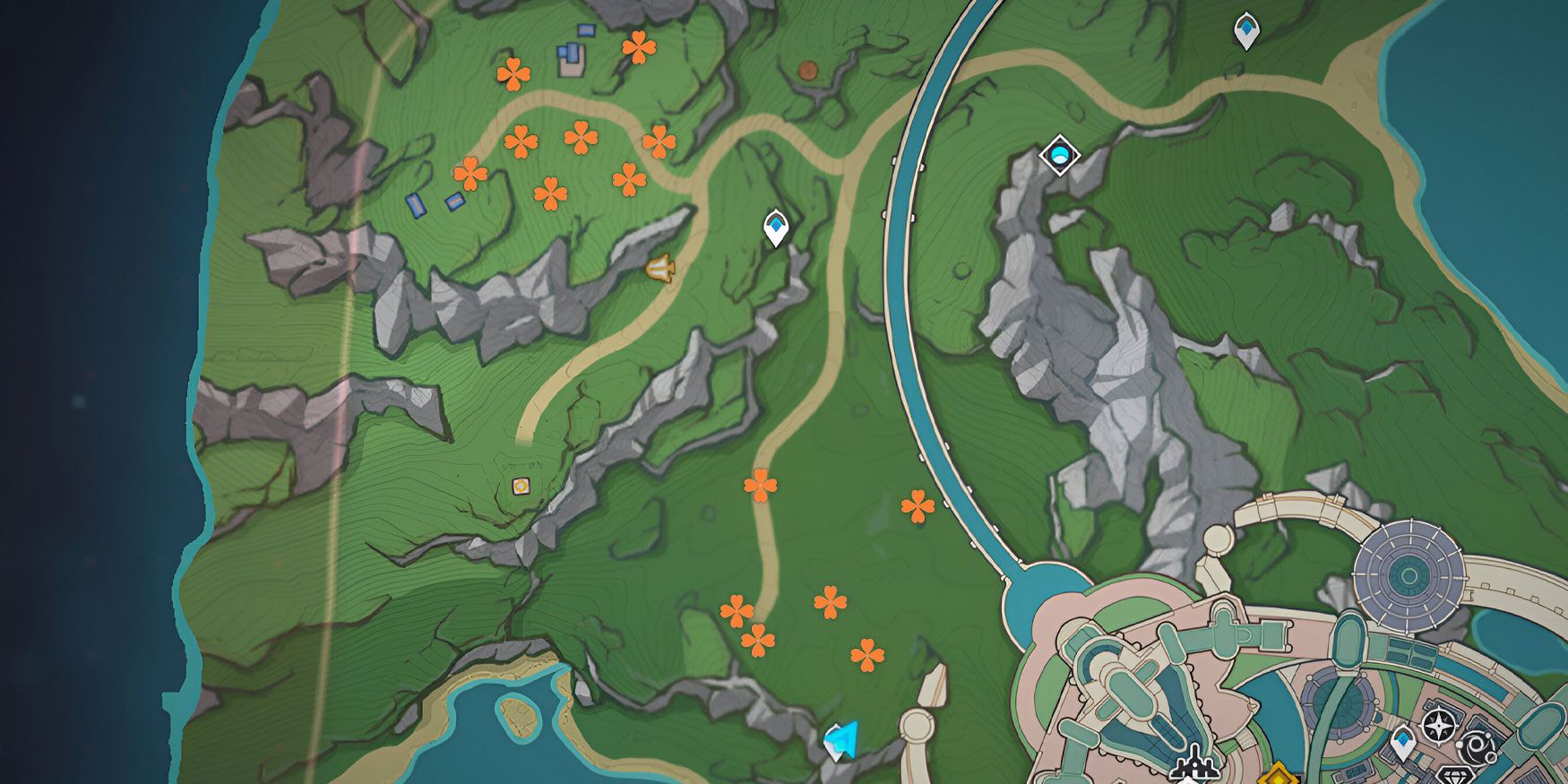 A map of the location of some Rainbow Roses, located all over the Northwest area of the Fontaine map in Genshin Impact.