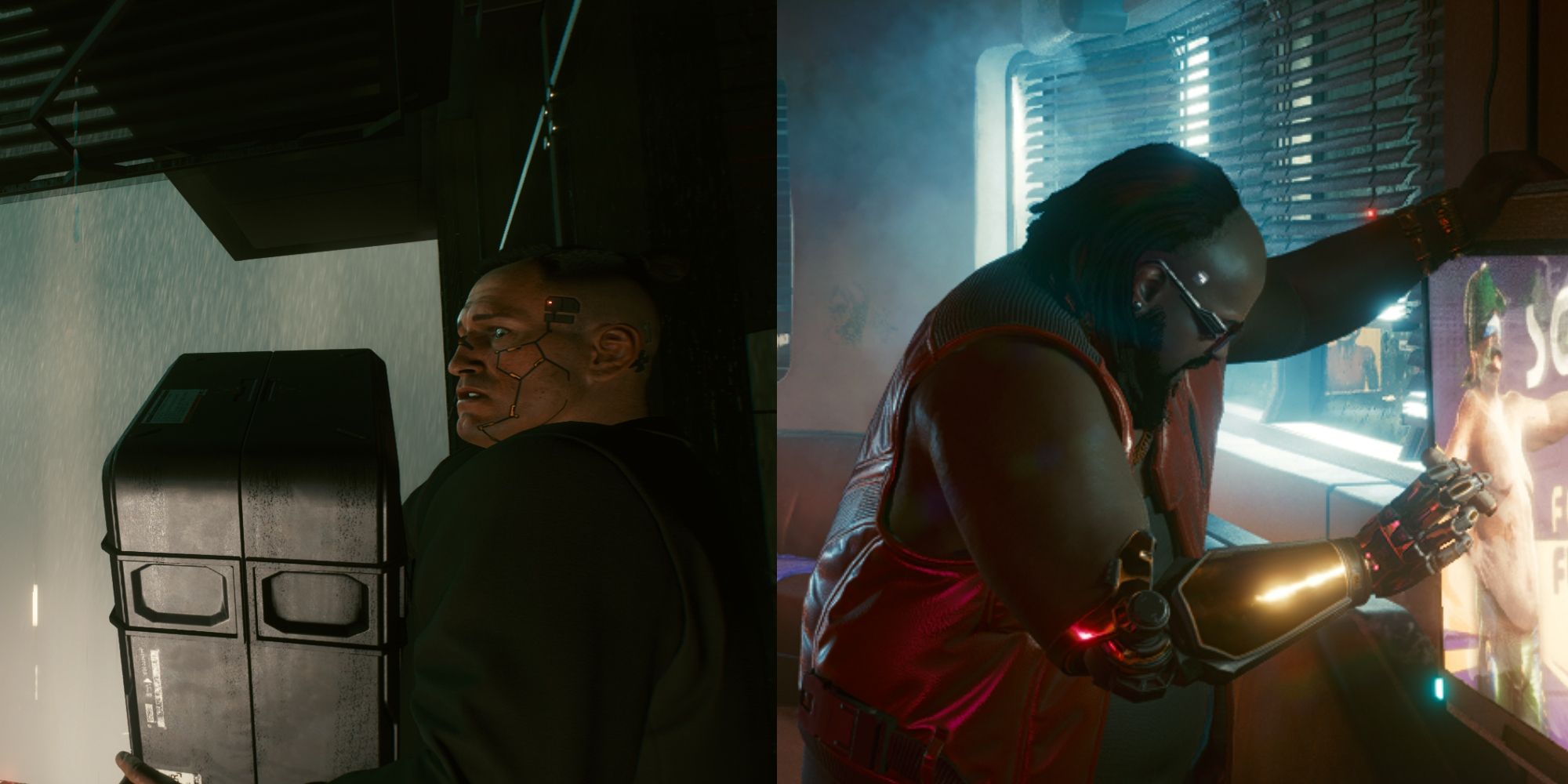 Cyberpunk 2077 Jackie Holding Package and Dex Deshawn staring at TV