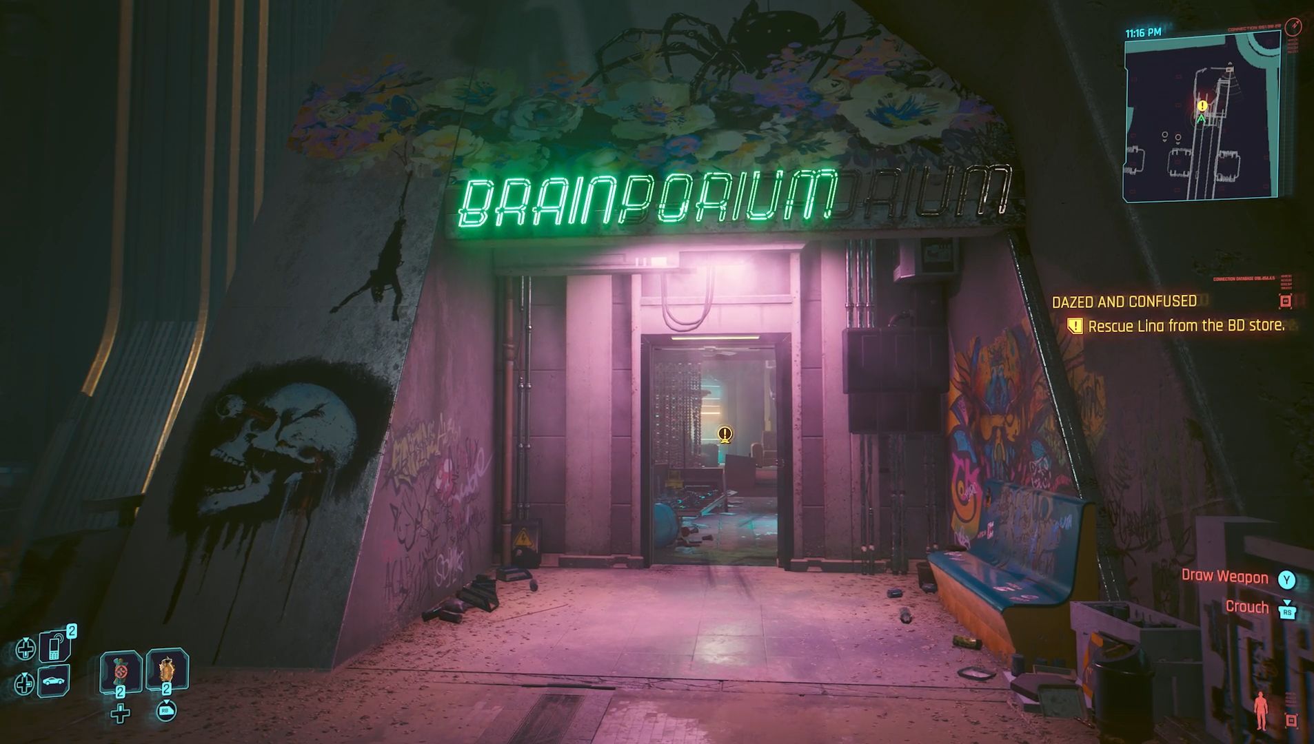 Cyberpunk 2077 Phantom Liberty Screenshot Of Entrance To BD Store Named Brainporium