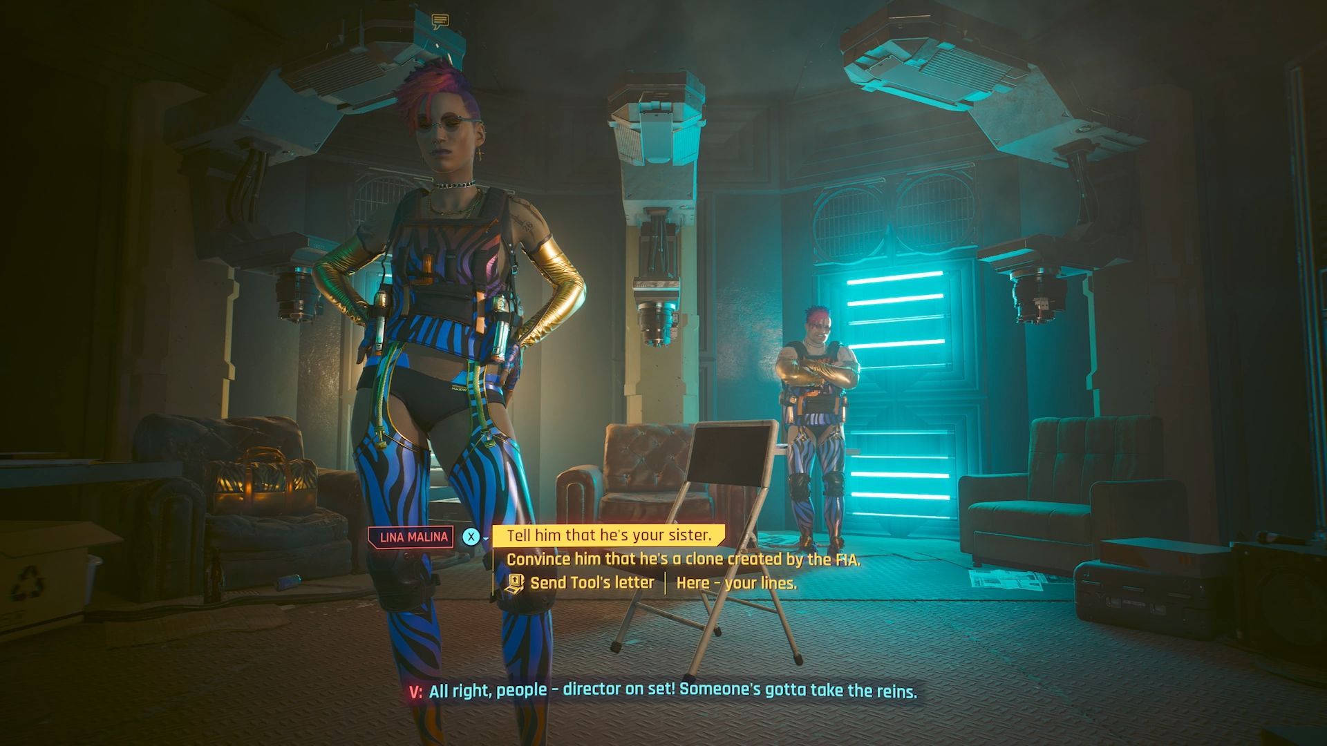 Cyberpunk 2077 Phantom Liberty Screenshot Of BD Shoot Of Giving Lina Malina Instructions