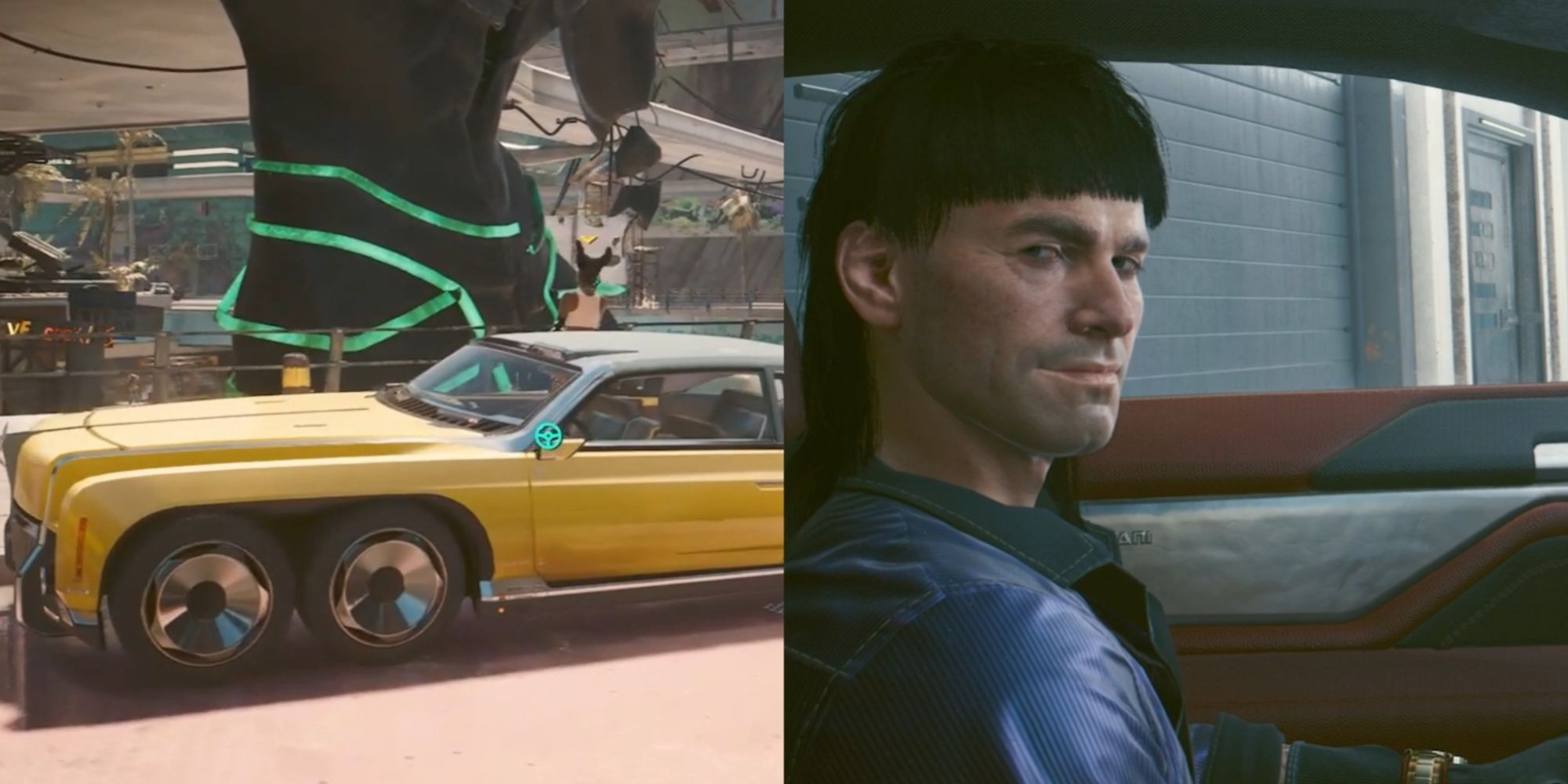 Cyberpunk 2077 Phantom Liberty Push It To The Limit Walkthrough Featured Split Image Yellow Car and Muamar 'El Capitan' Reyes.