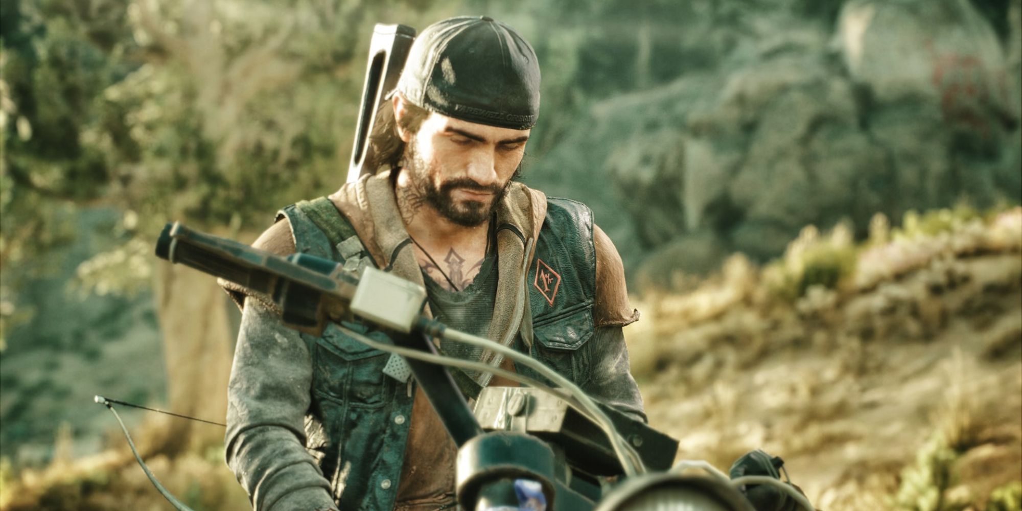 Deacon St. John, the main character of Days Gone, rests on his motorcycle.