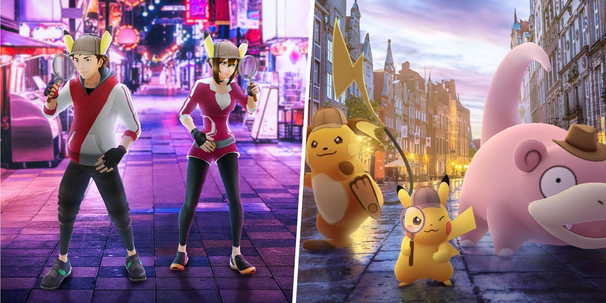 Image of avatars doing the Detective Pikachu Pose split with an image of Pikachu, Raichu, and Slowpoke in hats