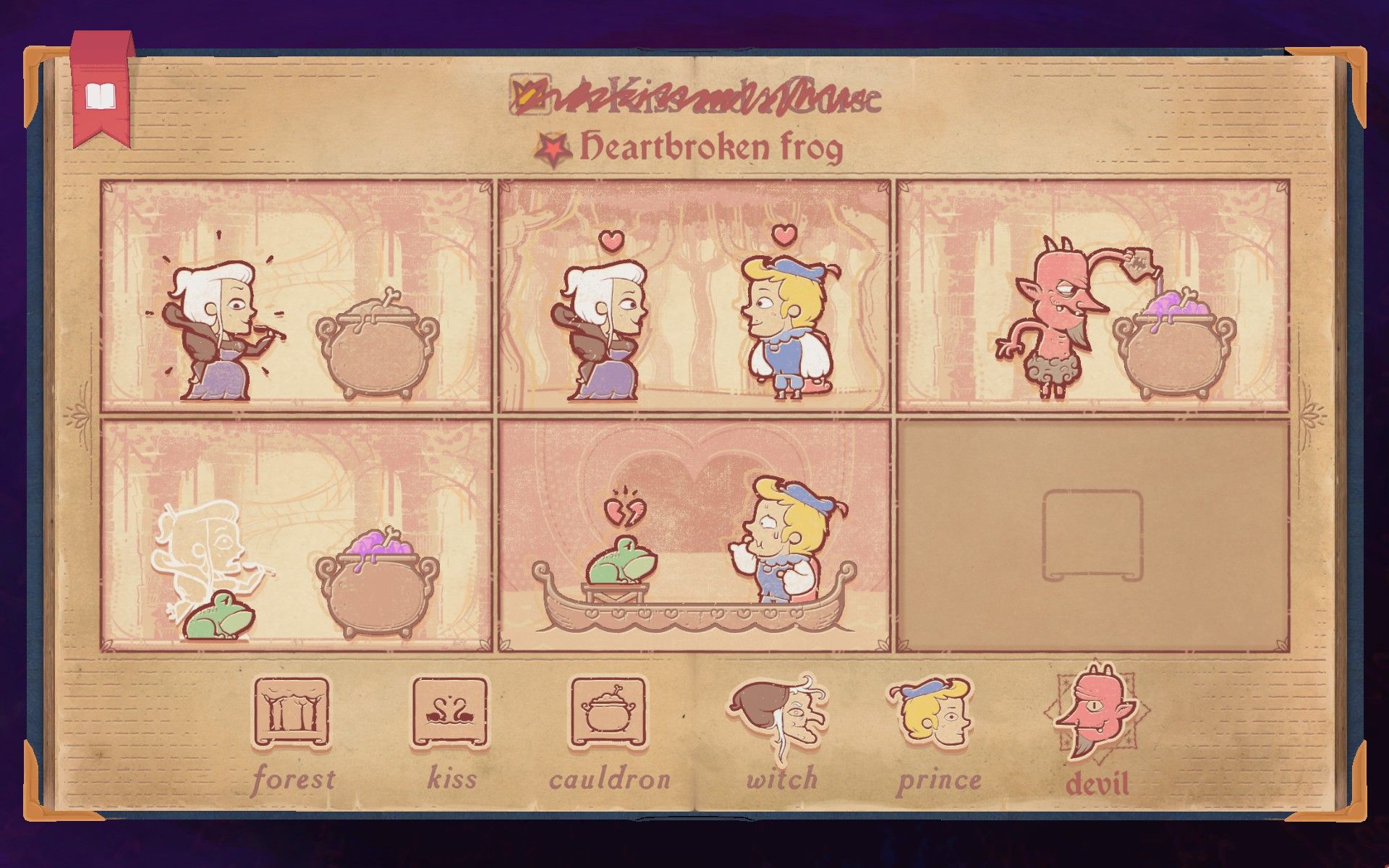 The solution to the devil section of Chapter 5 in Storyteller, showing a heartbroken frog.