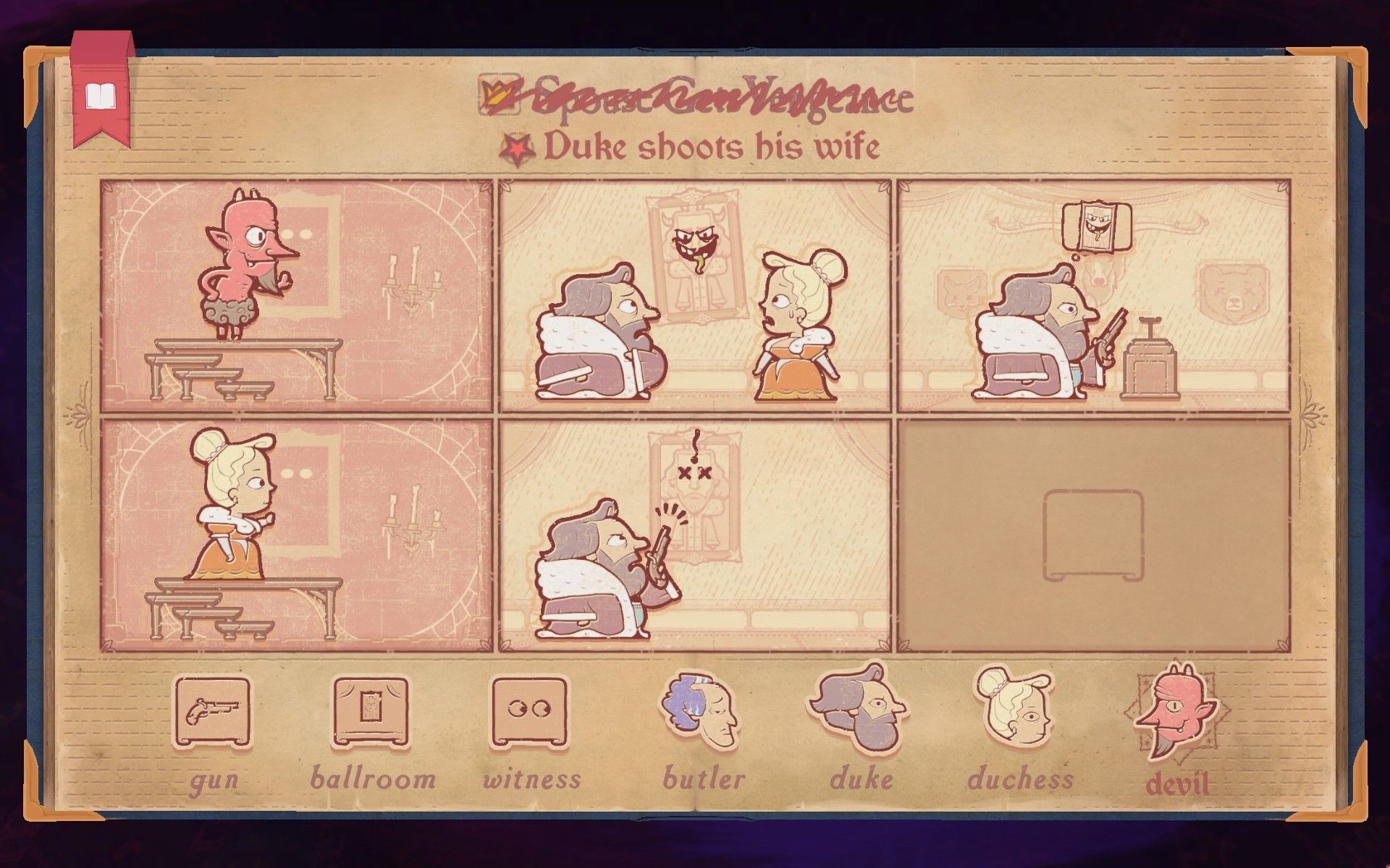The solution to the devil section of Chapter 8 in Storyteller, showing the Duke shooting his wife.