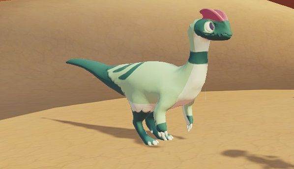 Light green and green Dilophosaurus standing in the colossal pot in Ariacotta Dunes during the day in Paleo Pines.