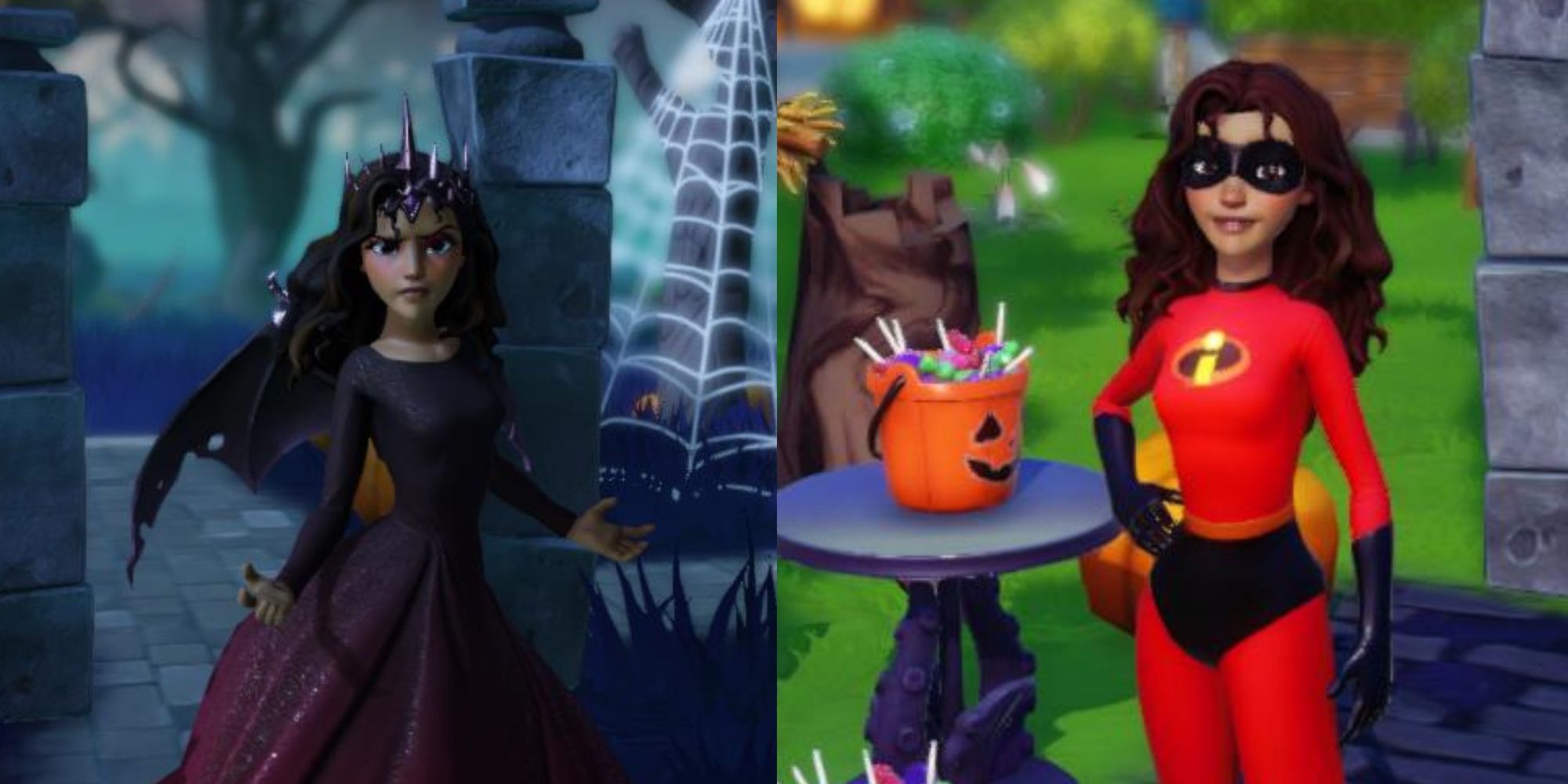 Disney Dreamlight Valley Character In Dark Gown and Characer In Incredibles Costume