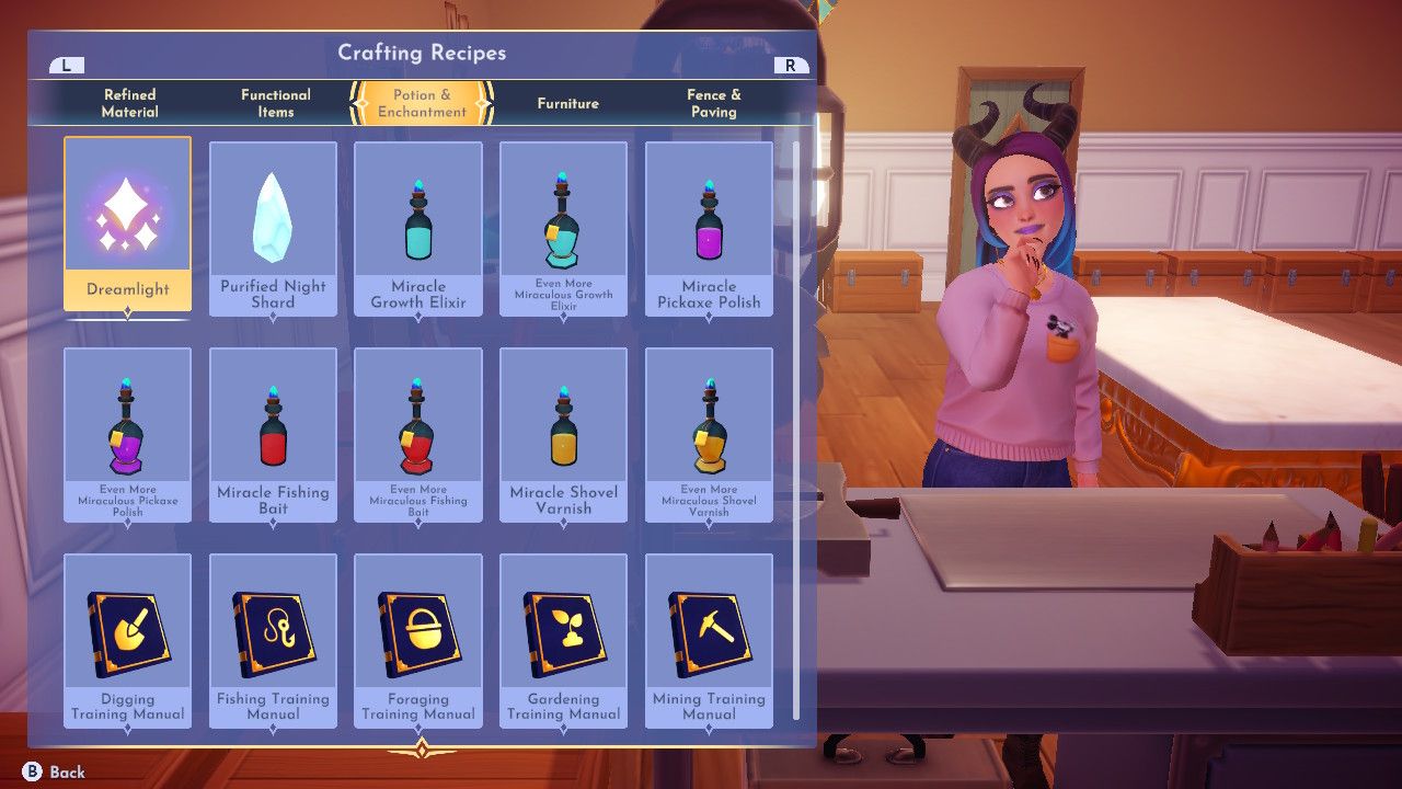 Disney Dreamlight Valley avatar at a crafting table, with the crafting menu open. Various elixir recipes are shown as options for crafting.