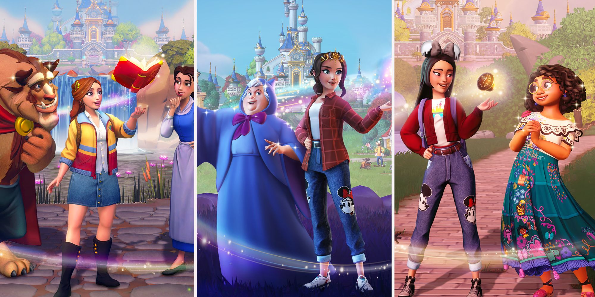 A collage of your avatar and villagers in Disney Dreamlight Valley