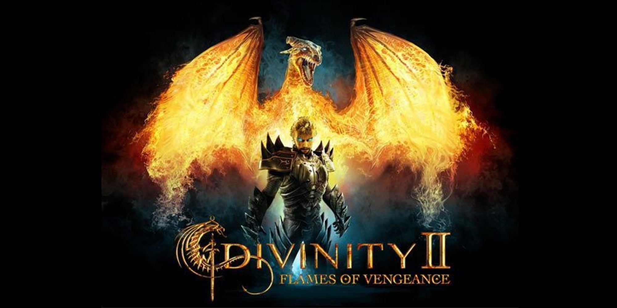 Divinity 2 Flames of Vengeance, warrior standing inf front of a dragon made of fire
