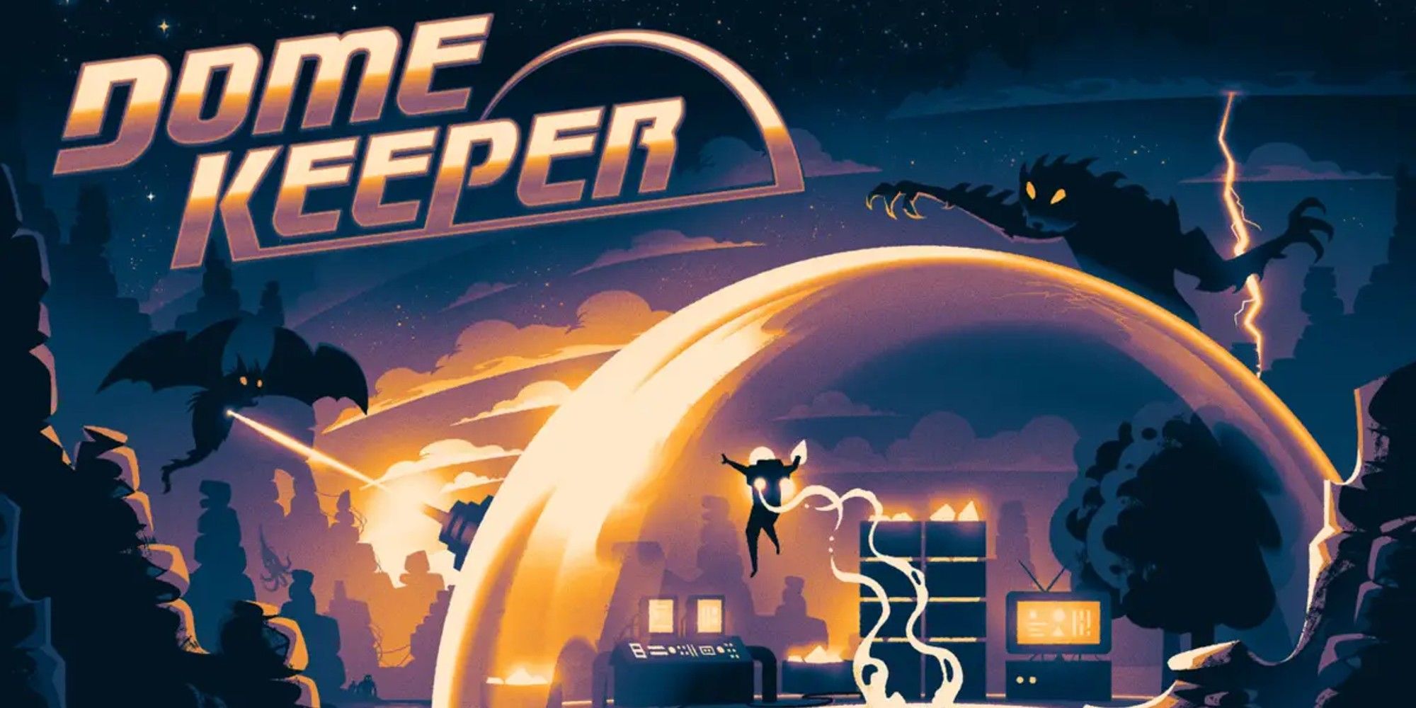 Dome Keeper Cover, a dome under attack by monsters and the logo for the game in the night sky