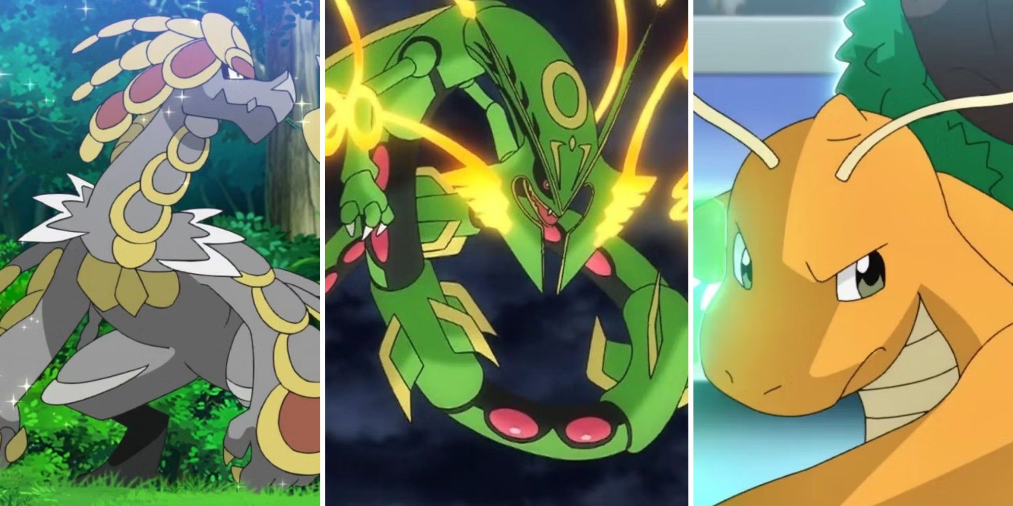 Die Drachentypen Pokémon Kommo-O, Rayquaza und Dragonite nebeneinander