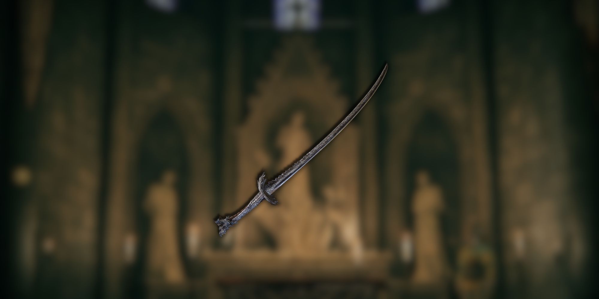 A metal katana with a simple handguard and a curved handle overlayed over a blurred background.