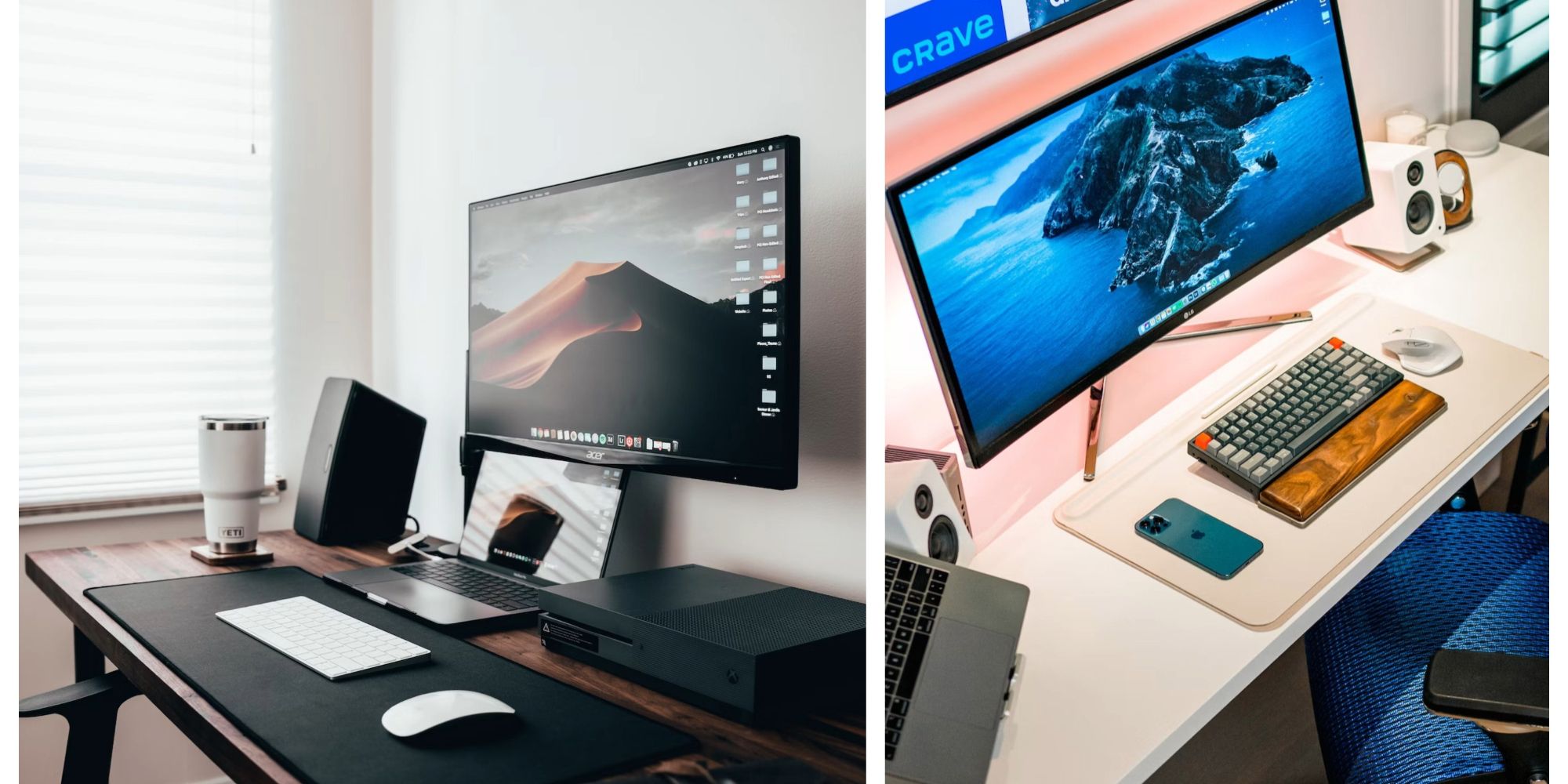 Two single-monitor setups compared side by side. On the left, a monotone tall monitor with a small display beneath it. On the right, a pastel display with a mechanical keyboard.