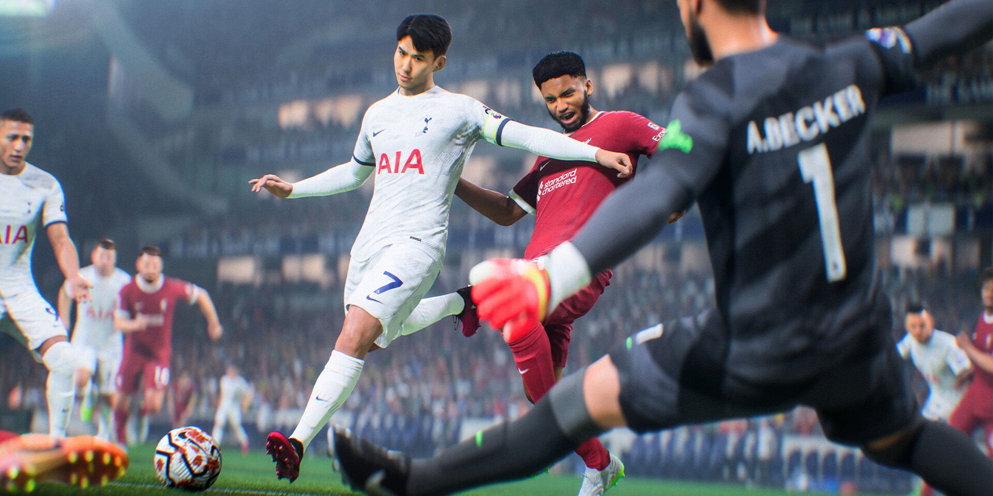 Son Heung-Min shoots to Liverpool goalkeeper Becker in EA Sports FC 24.