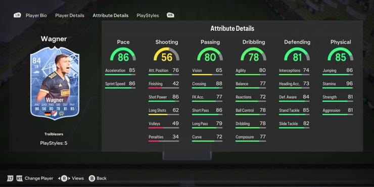 Trailblazers Kai Wagner's card attributes in EA Sports FC 24.