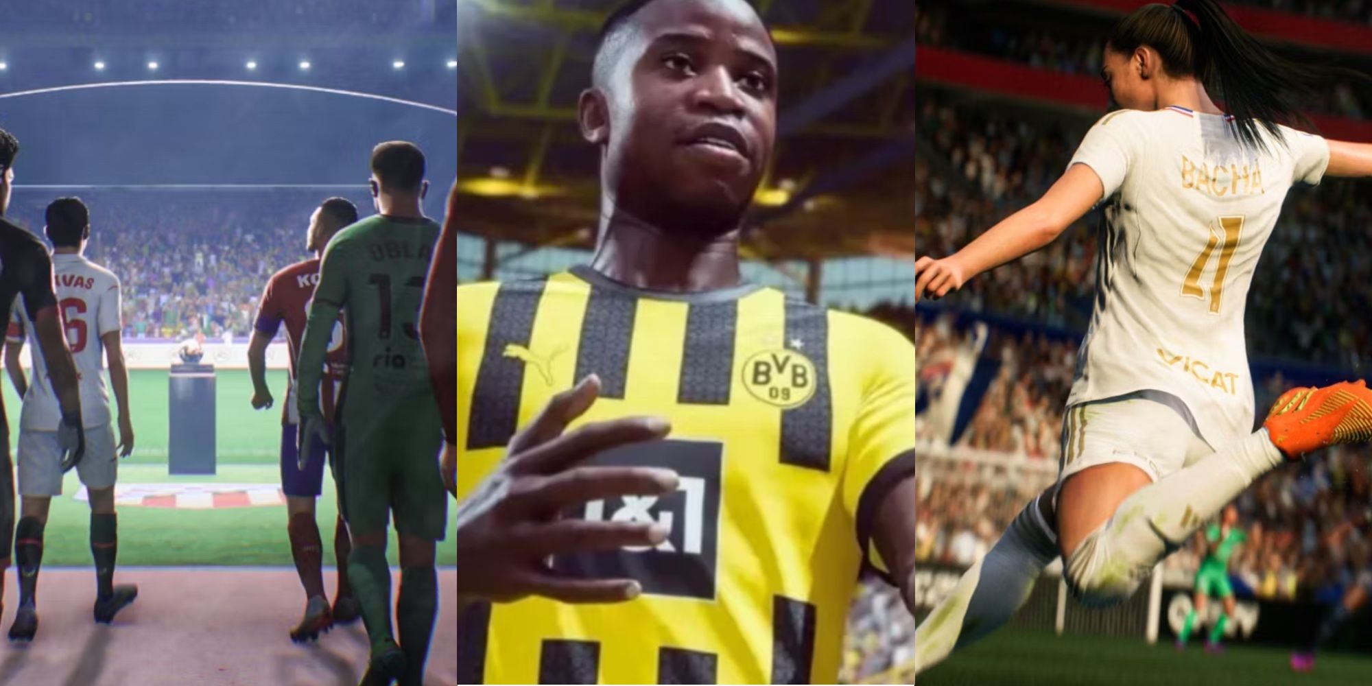 A split image of players walking onto the pitch, Moukoko, and Bacha playing in EA Sports FC 24.
