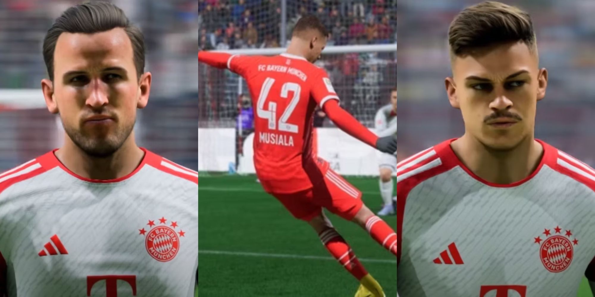 A split image of Harry Kane, Jamal Musiala, and Joshua Kimmich in EA Sports FC 24.