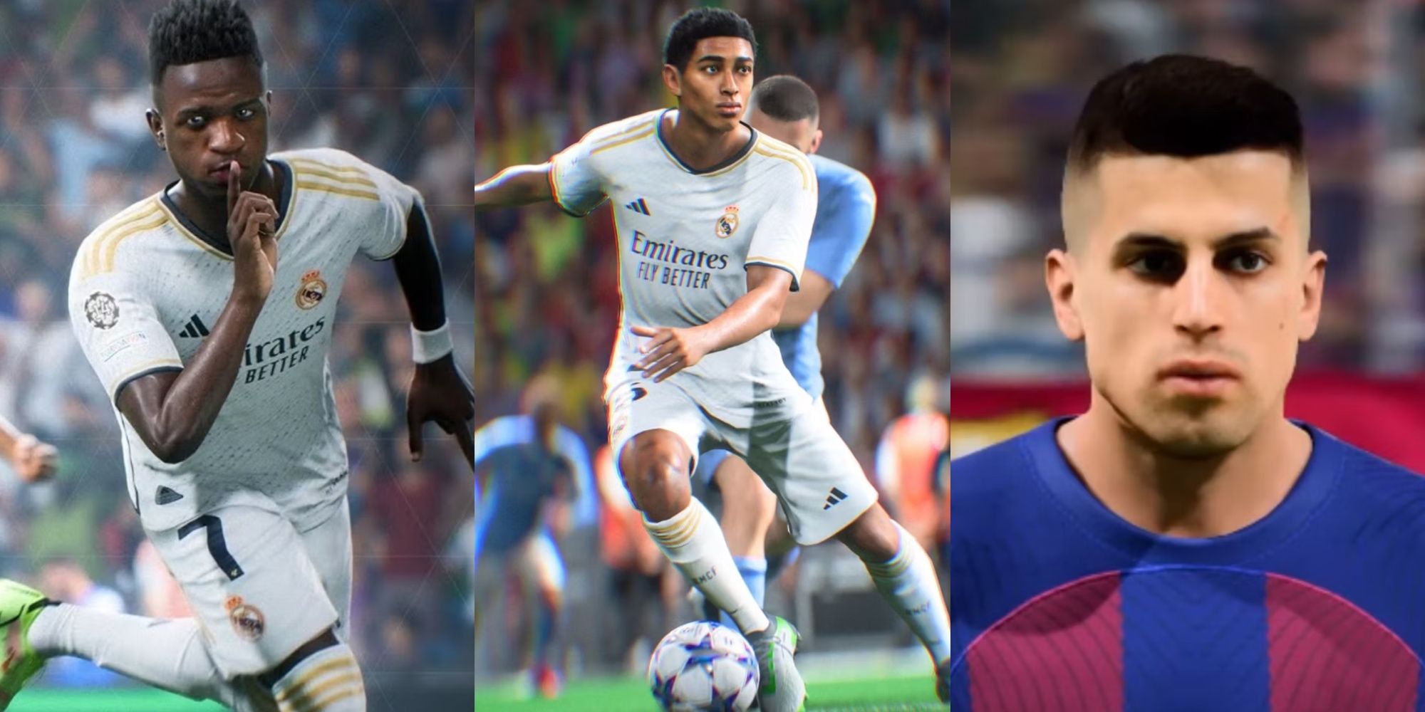 A split image of Vini Jr., Bellingham, and Cancelo in EA Sports FC 24.