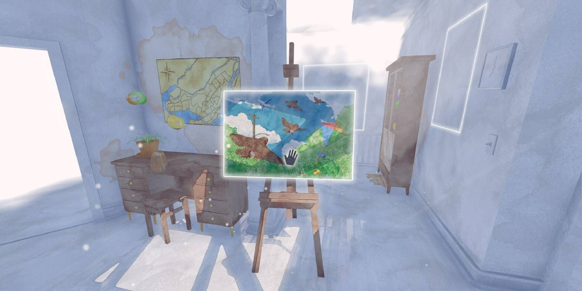 A white room in Ete with a desk, a chair, and an easel with a painting on it