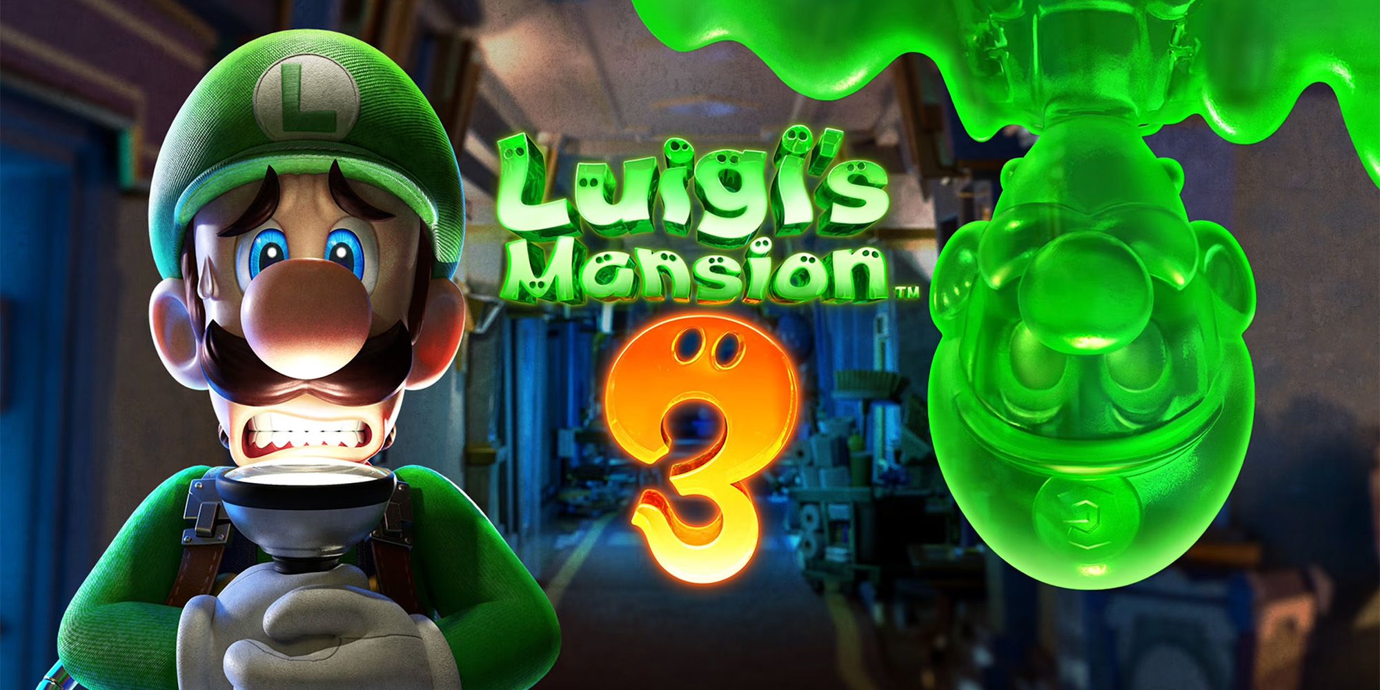 Luigi's Mansion 3 - Luigi and Goigi are standing in the dark hallway
