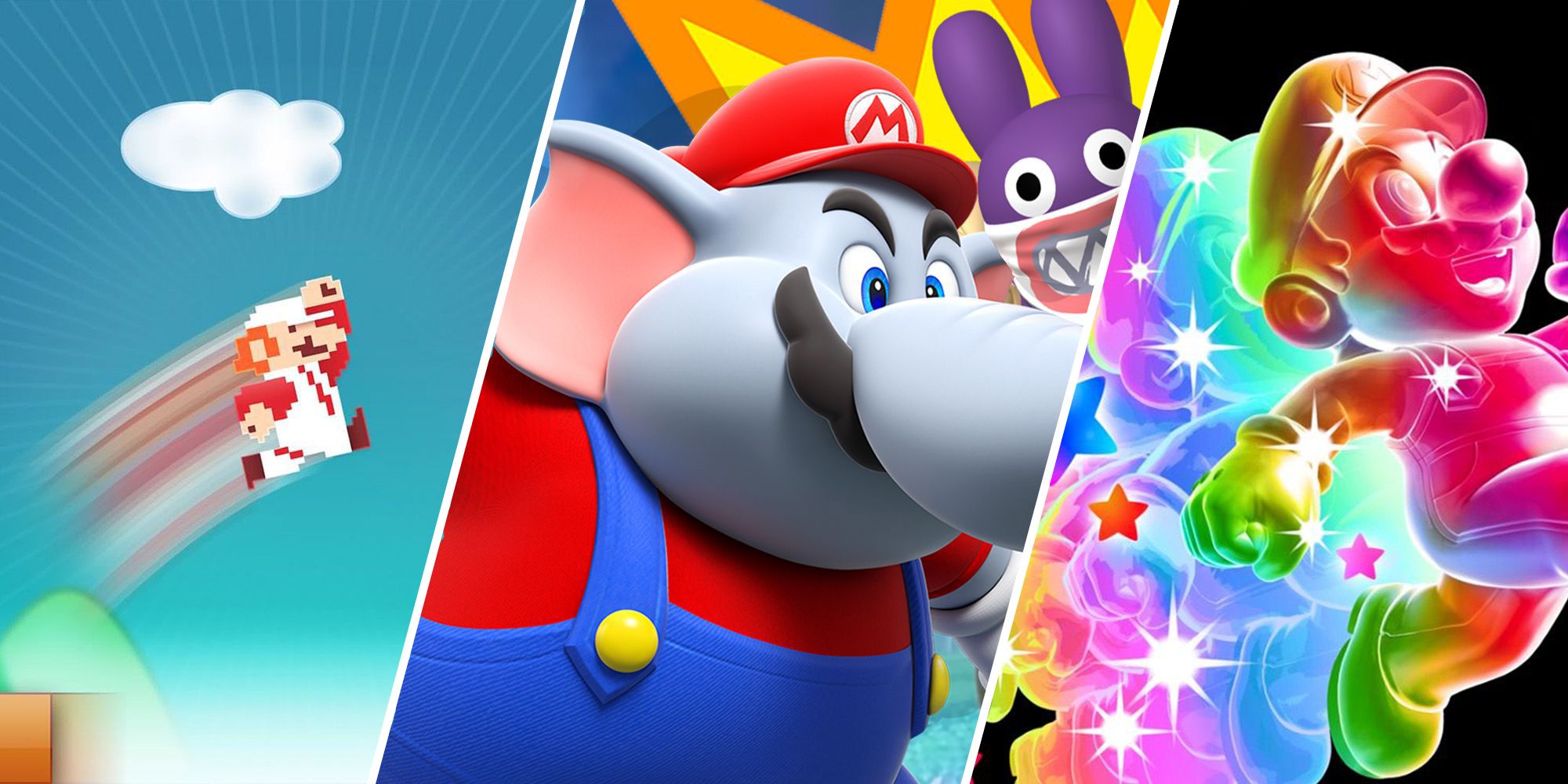 Split images of Mario jumping, elephant Mario, and rainbow Mario