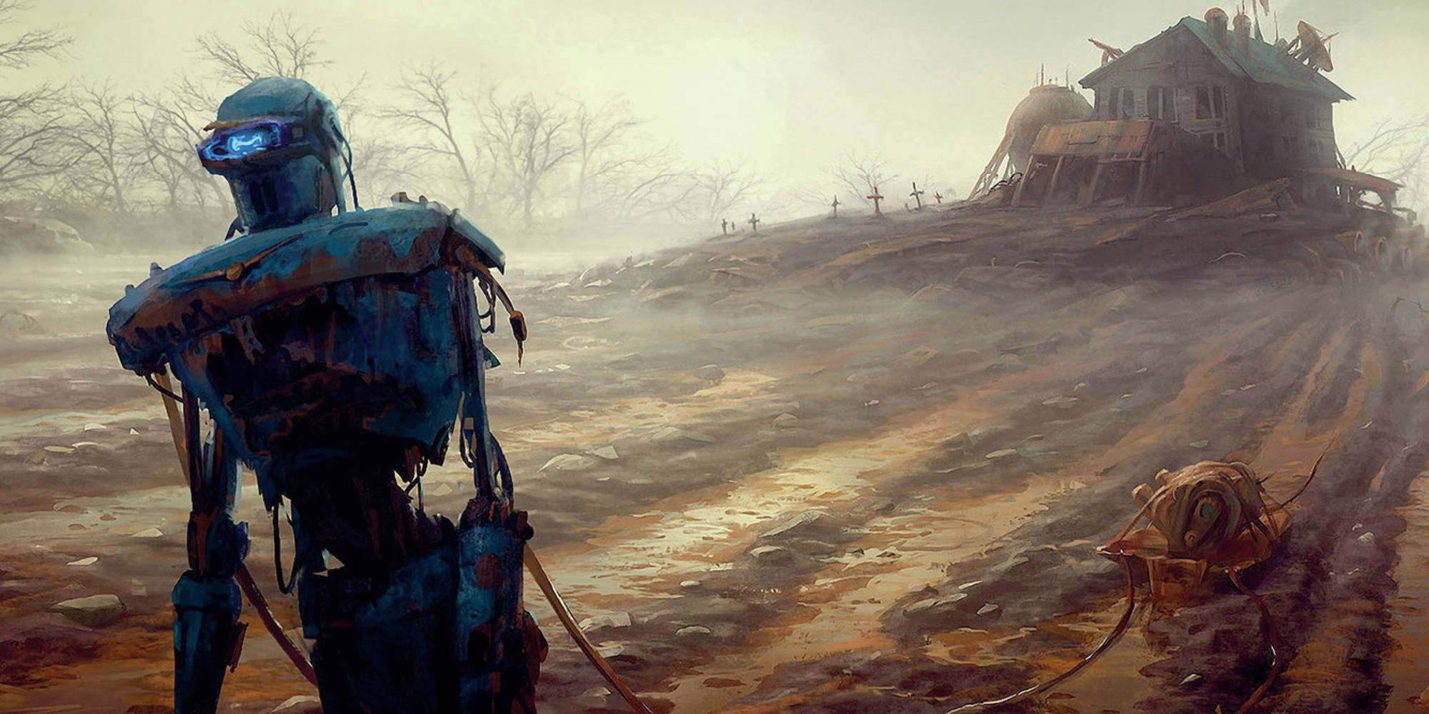 Ein Roboter, der in der Konzeptkunst von Fallout 4 auf ein verlassenes Bauernhaus starrt