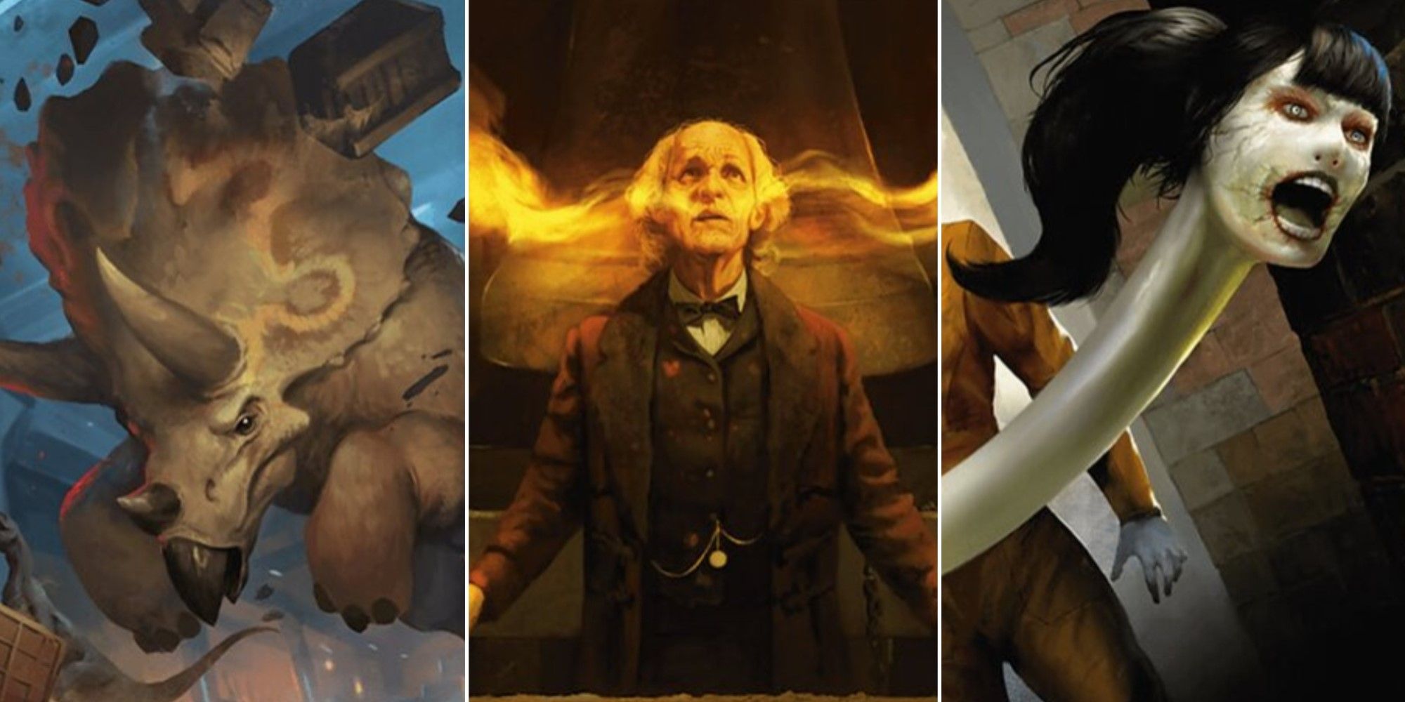 Artwork from three different cards from Magic: The Gathering's Universes Beyond: Doctor Who Timey Wimey Deck