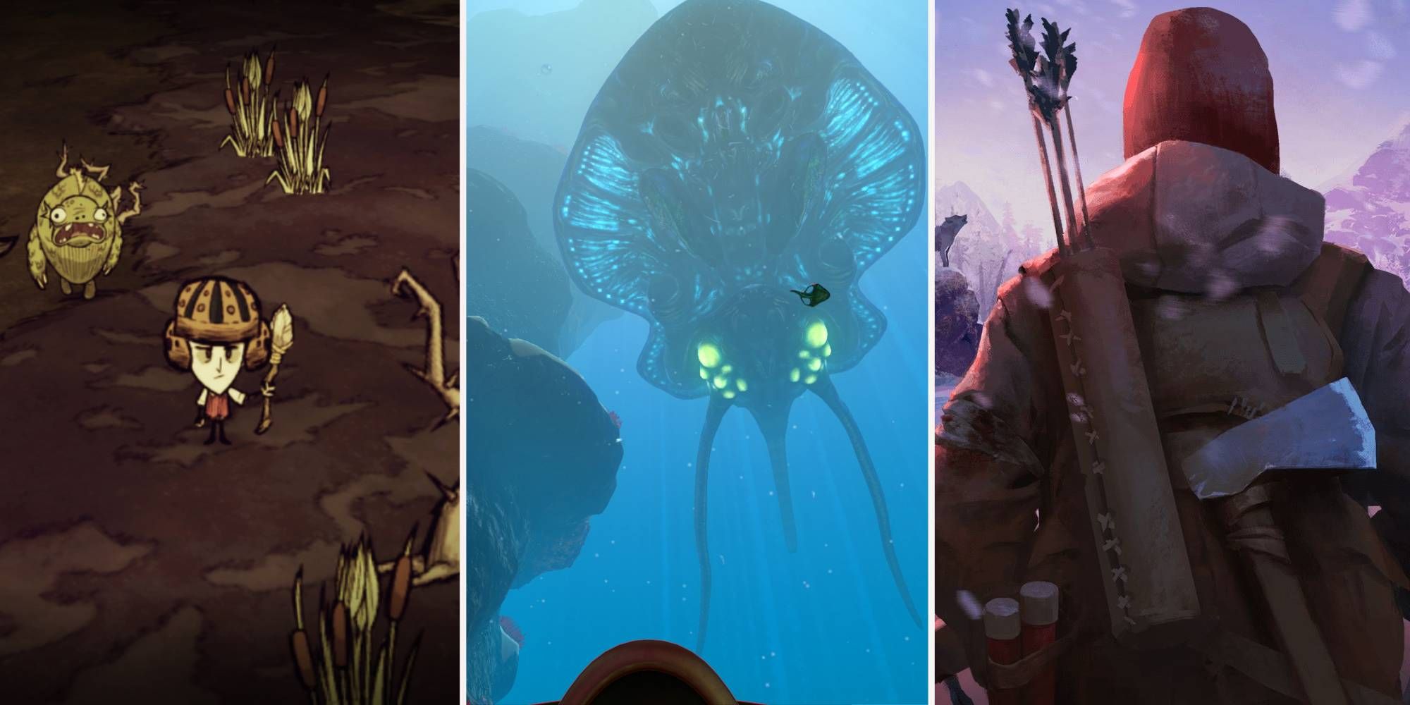 A split image of Don't Starve, Subnautica, and The Long Dark