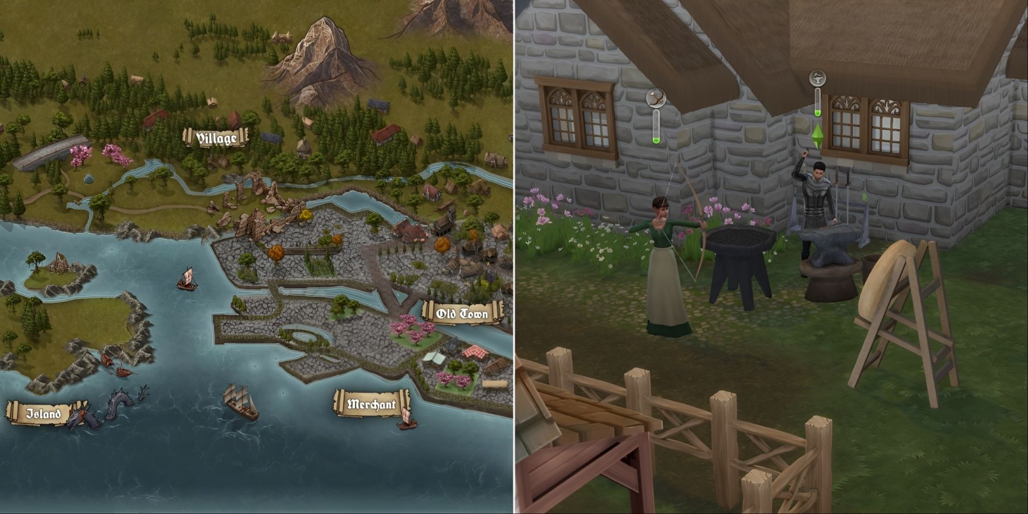 Map of Medieval Windenburg on the left and two Sims practicing archery & blacksmithing skills on the right